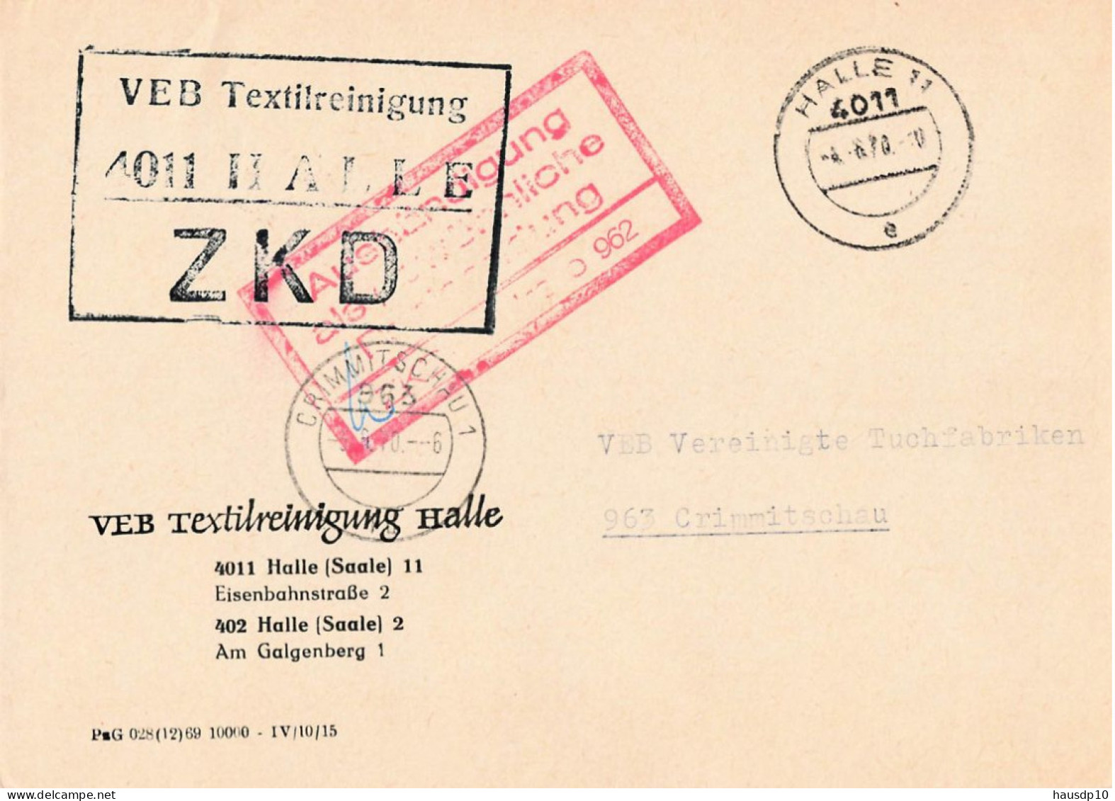 DDR ZKD Brief VEB Textilreinigung Halle 1970 - Zentraler Kurierdienst