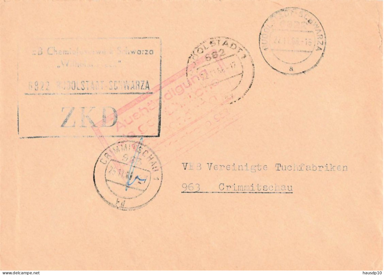 DDR ZKD Brief VEB Chemiefaserwerk Schwarza Wilhelm Pieck Rudolstadt Schwarza 1968 - Zentraler Kurierdienst