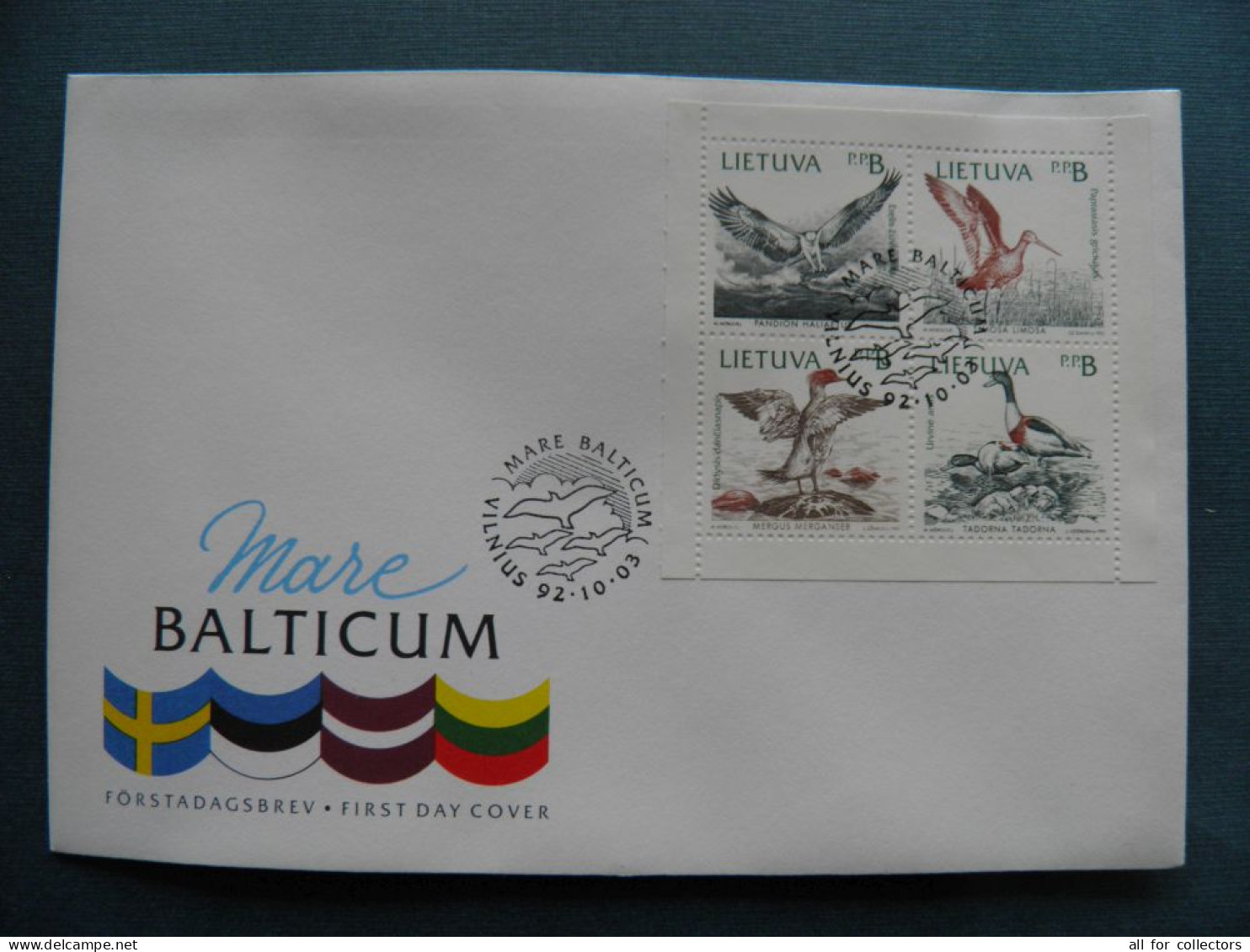 FDC Cover LITHUANIA Baltic Sea BIRDS Joint Issue Sweden Estonia Latvia Animals Oiseaux Mare Balticum 1992 Mi.501/504 - Covers & Documents