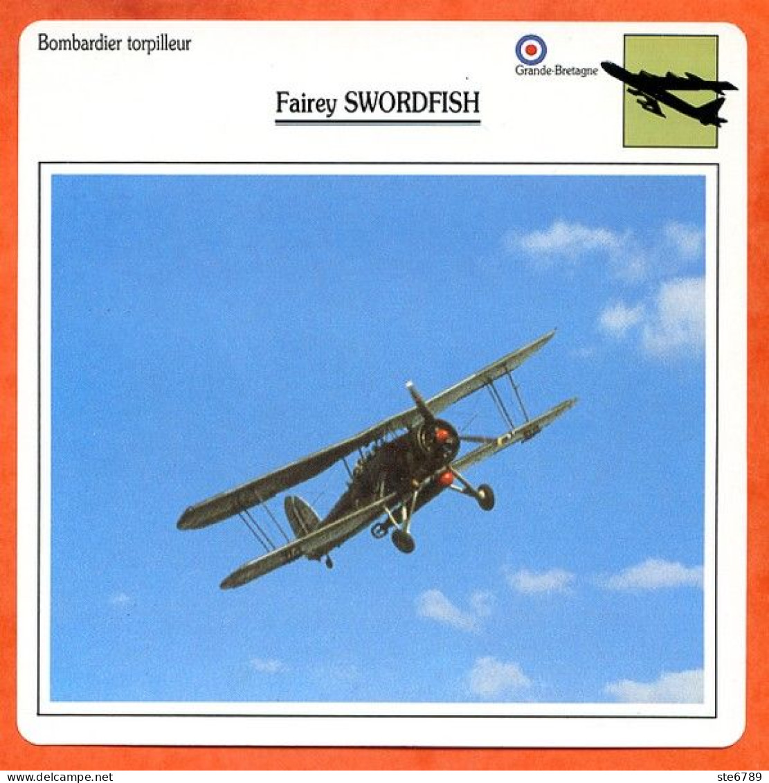 Fiche Aviation FAIREY SWORDFISH / Avion Bombardier Torpilleur UK Avions - Vliegtuigen