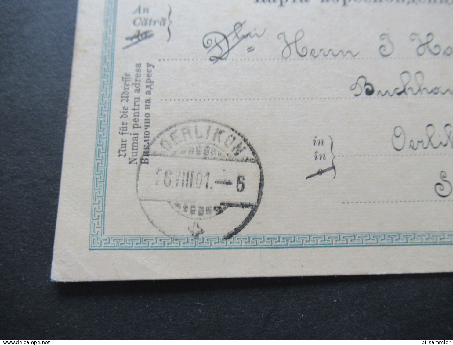 Österreich 1901 GA P 139 Deutsch -Rum.-Ruth. Mit 3 Heller Zusatzfrankatur Strichstempel Jakobleny Nach Oerlikon Schweiz - Briefkaarten