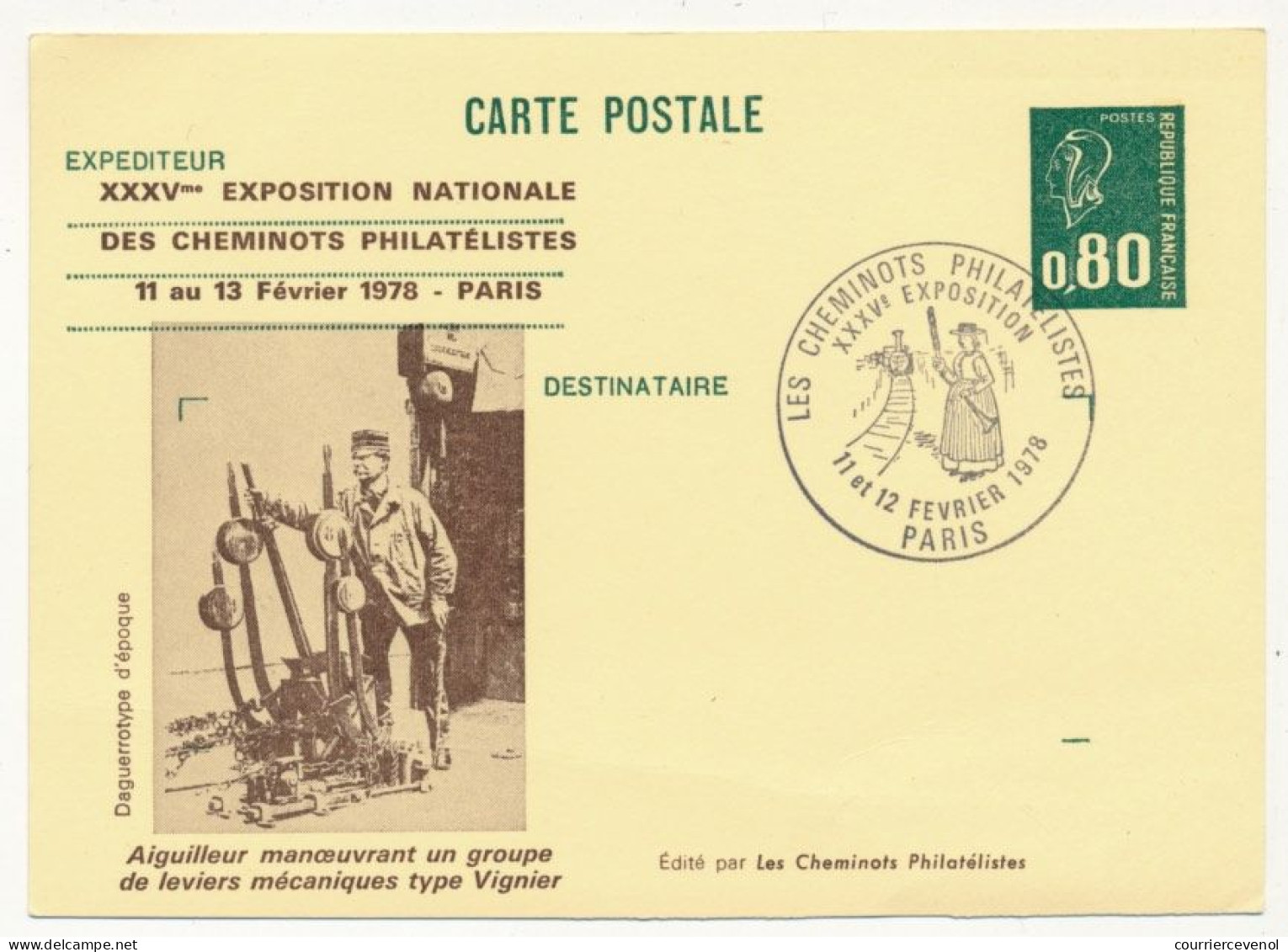 CP Entier Repiqué 0,80 Bequet - Aiguilleur Manoeuvrant... - 35e Expo Des Cheminots Philatélistes - PARIS -11/13 Fév 1978 - Cartes Postales Repiquages (avant 1995)