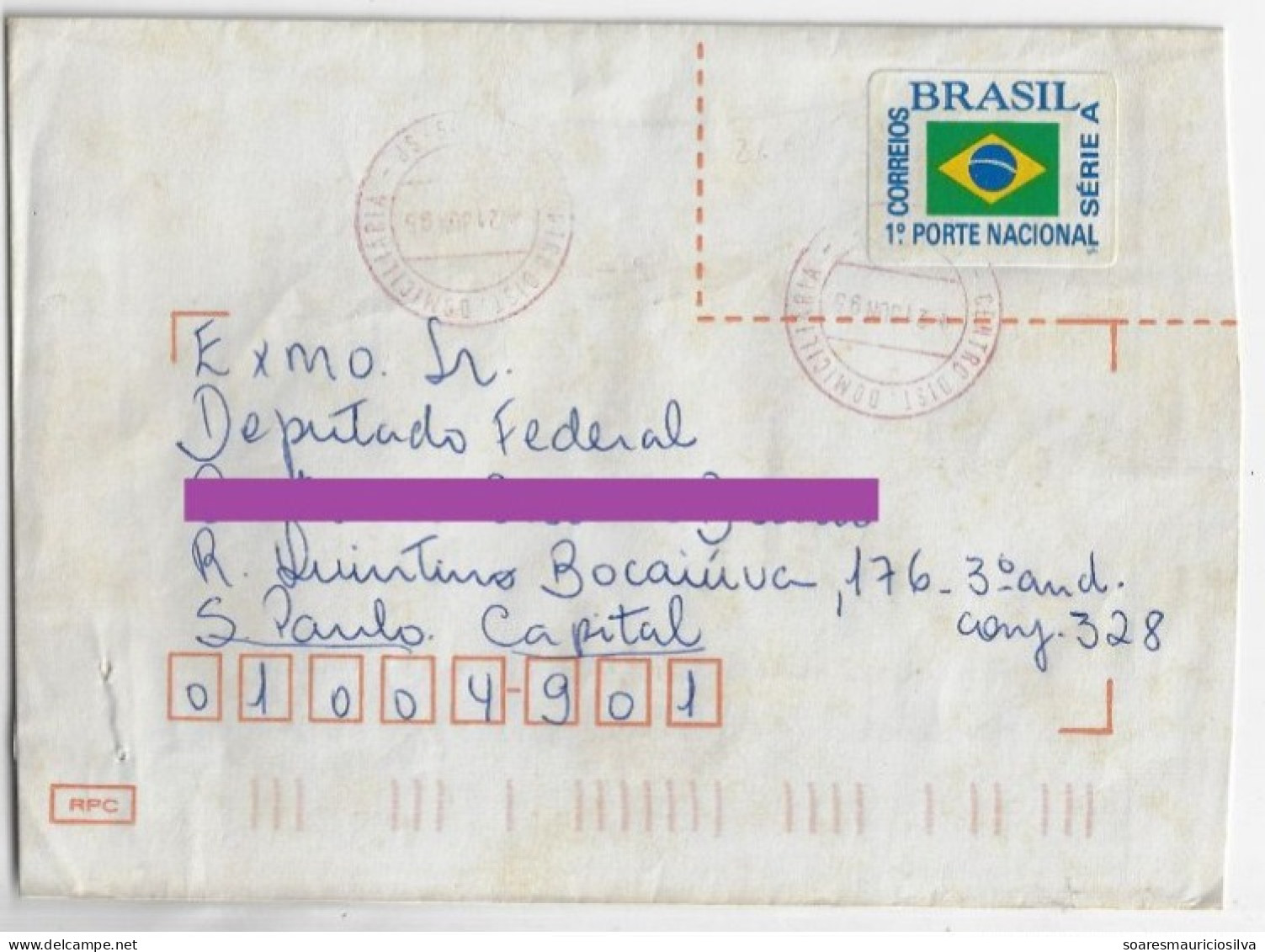 Brazil 1991/1996 4 Shipped Cover With Definitive Stamp And With Postmark In Red Ink (the Ink Of Meter Stamp Machines) - Brieven En Documenten