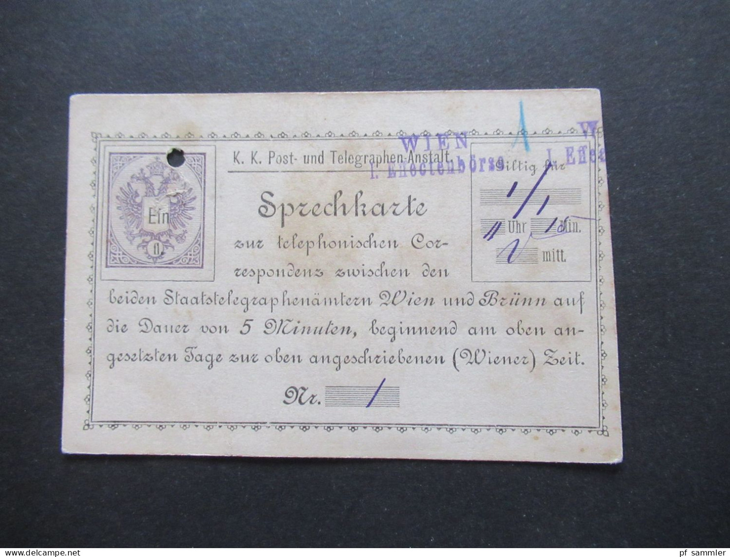 Österreich 1886 Telefonkarte Sprechkarte Ein Fl. TK 2 Gebraucht / Gelocht Violetter L2 Wien I. Effectenbörse - Postkarten