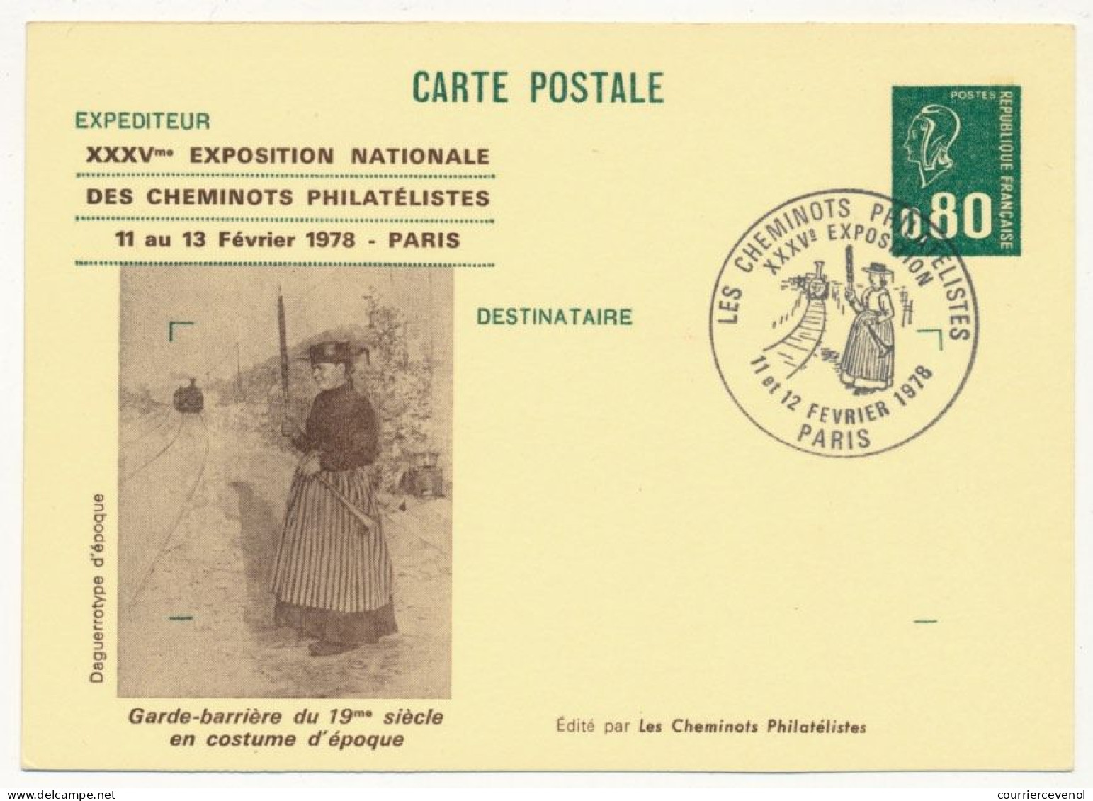 CP Entier Repiqué 0,80 Bequet - Garde-barrière 19ème S - 35e Expo Des Cheminots Philatélistes - PARIS -11/13 Fév 1978 - Cartes Postales Repiquages (avant 1995)