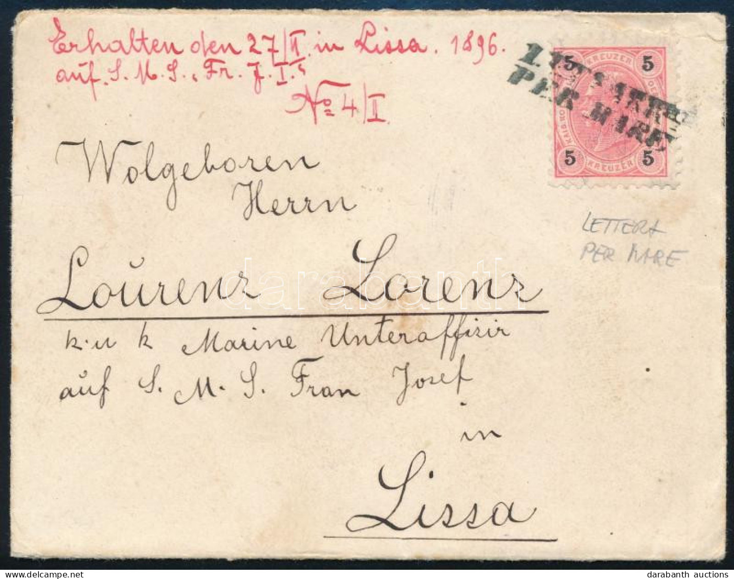 Ausztria 1896 Levél 5kr Bérmentesítéssel "LETTERA / PER MARE" Lourenz Lorenznek Címezve Lissába. Nincs Feladó De A Loren - Sonstige & Ohne Zuordnung