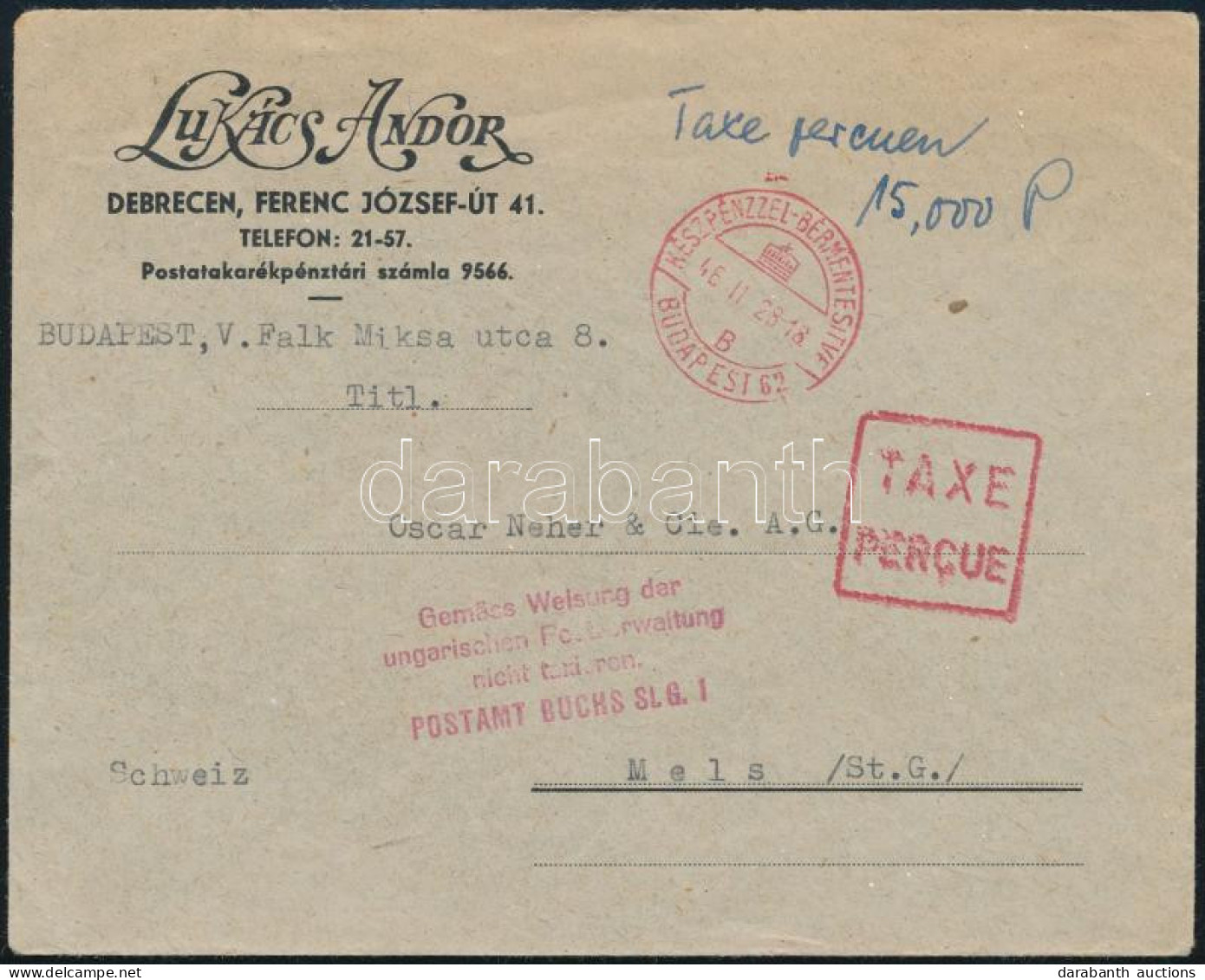1946 (7. Díjszabás) Levél 15.000P Készpénzes Bérmentesítéssel Svájcba Küldve - Autres & Non Classés