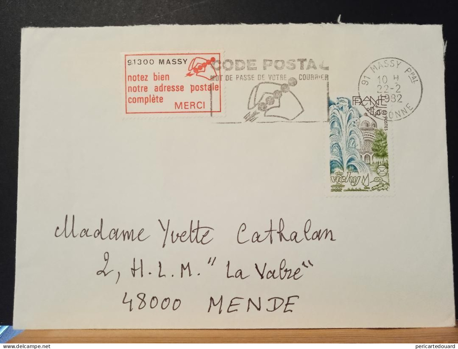 Code Postal, Lettre Circulée Avec Vignette 91300 MASSY Vers Mende Le 22 Février 1982 - Covers & Documents