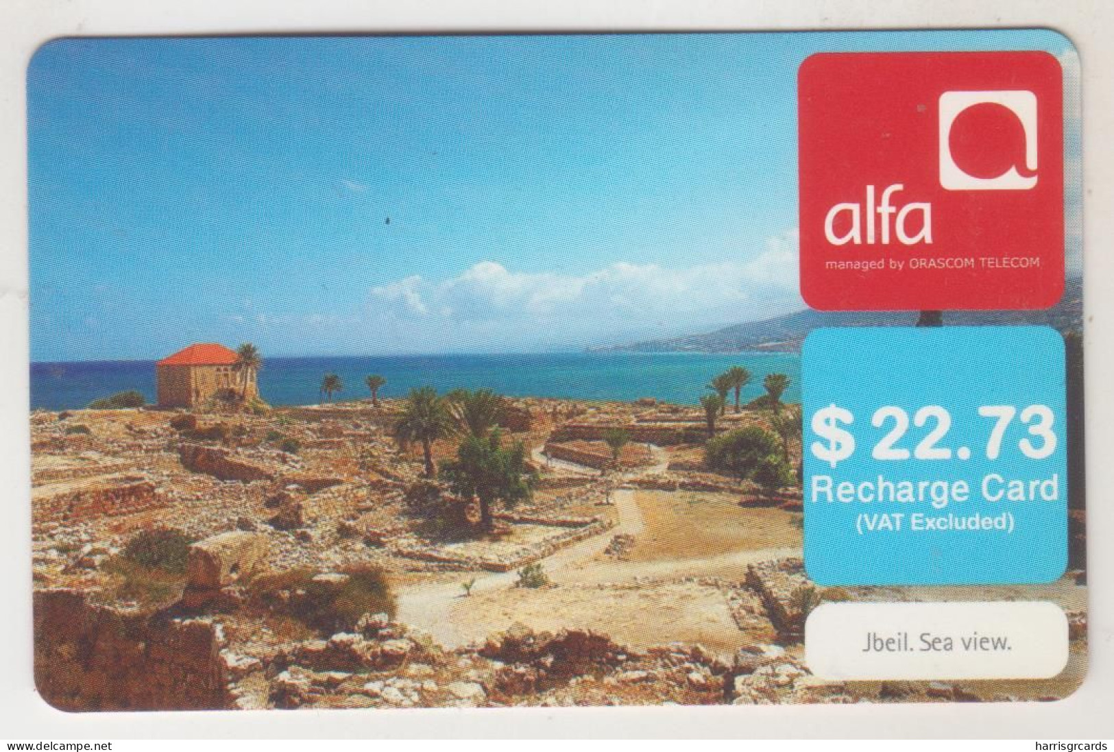 LEBANON - Jbeil Sea View , Alfa Recharge Card 22.73$, Exp.date 15/07/12, Used - Lebanon