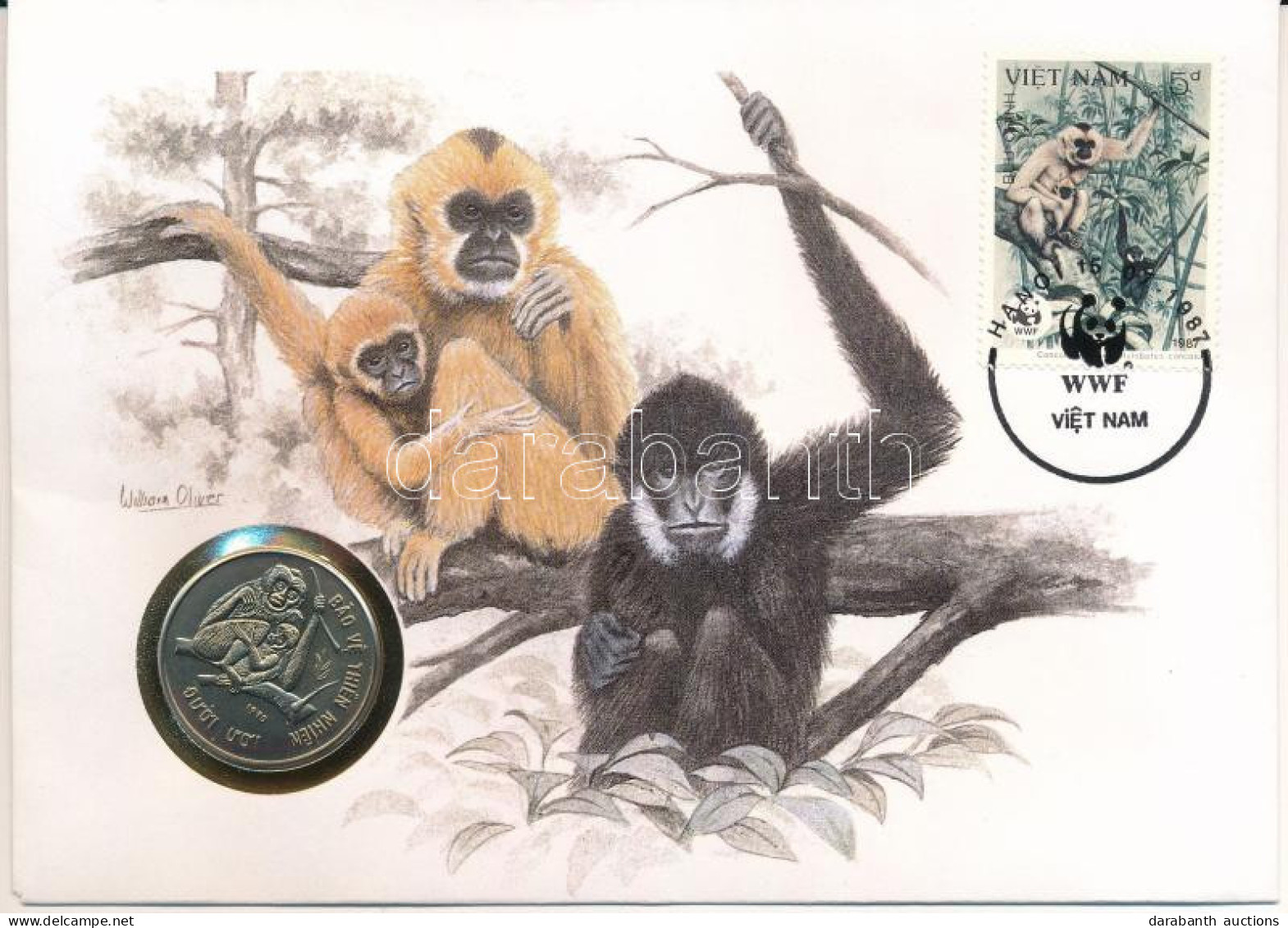 Vietnám 1990. 10D Cu-Ni "Gibbon" Emlékérme Felbélyegzett érmés Borítékban, Alkalmi Bélyegzéssel T:UNC Vietnam 1990. 10 D - Non Classés