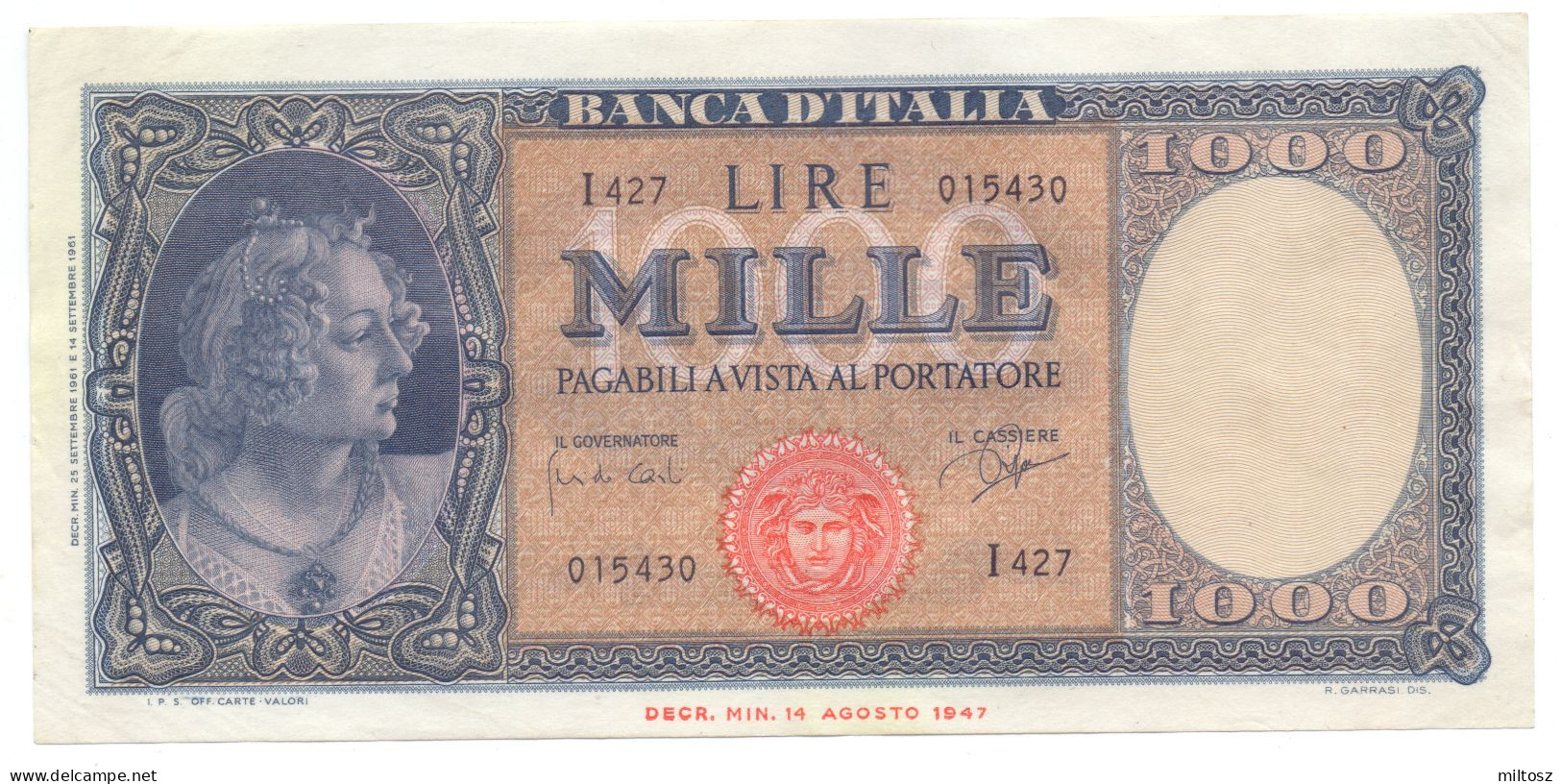 Italy 1.000 Lire 1947 (seal Type B) KM#88.d - 1000 Lire