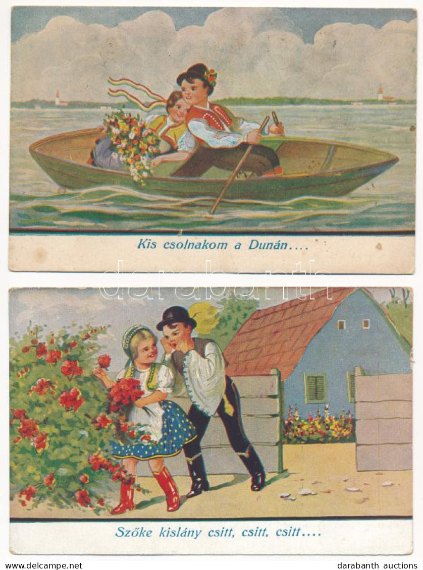 ** 2 Db RÉGI Magyar Népviseletes Folklór Művészlap: Nótás Grafika, Népdalok / 2 Pre-1945 Hungarian Folklore Art Postcard - Non Classés