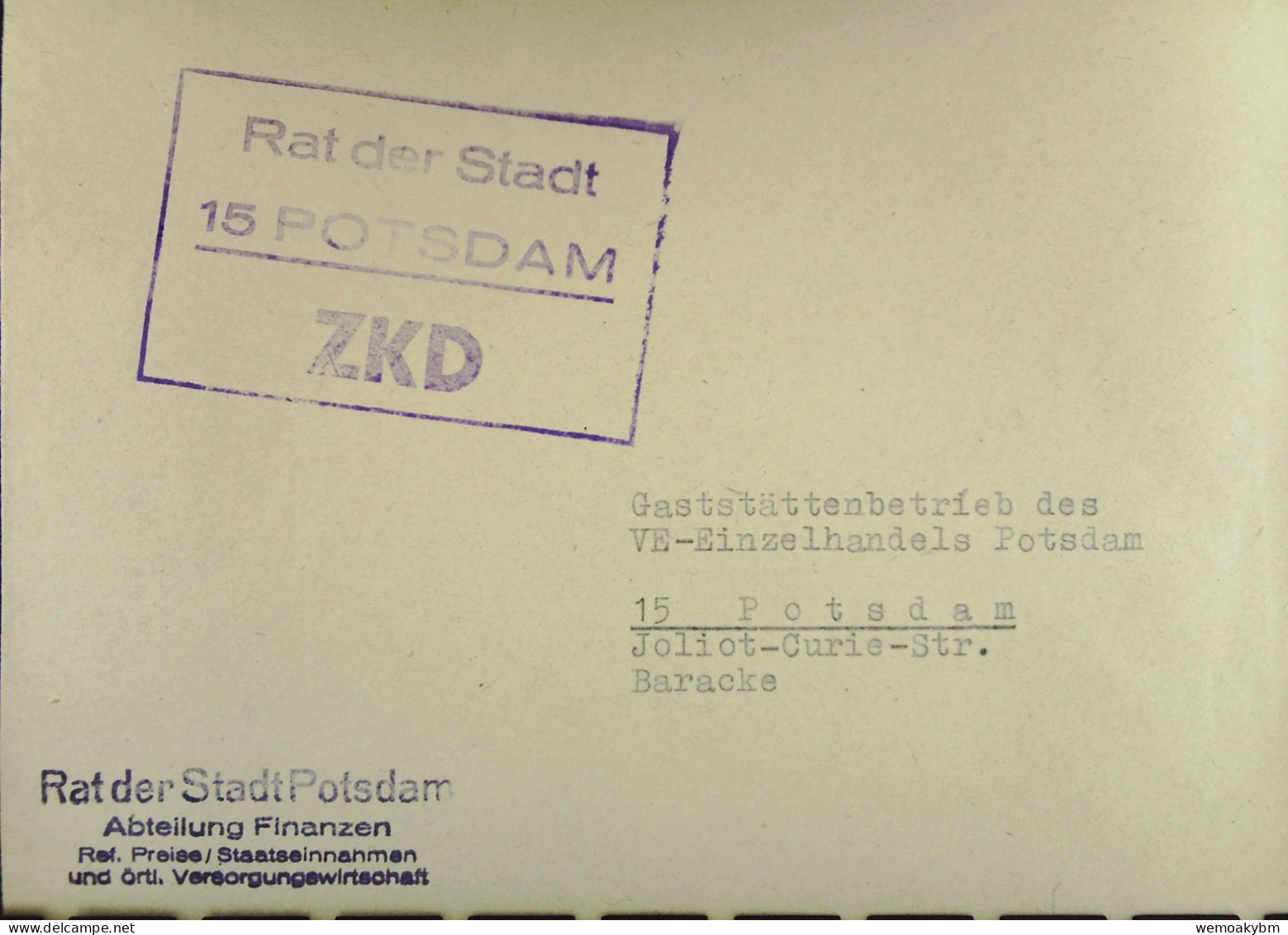 DDR-DIENST-BRIEF Mit ZKD-Kastenst "Rat Der Stadt 15 POTSDAM" Ohne Post-Stempel An HO Gaststätten Potsdam - Zentraler Kurierdienst