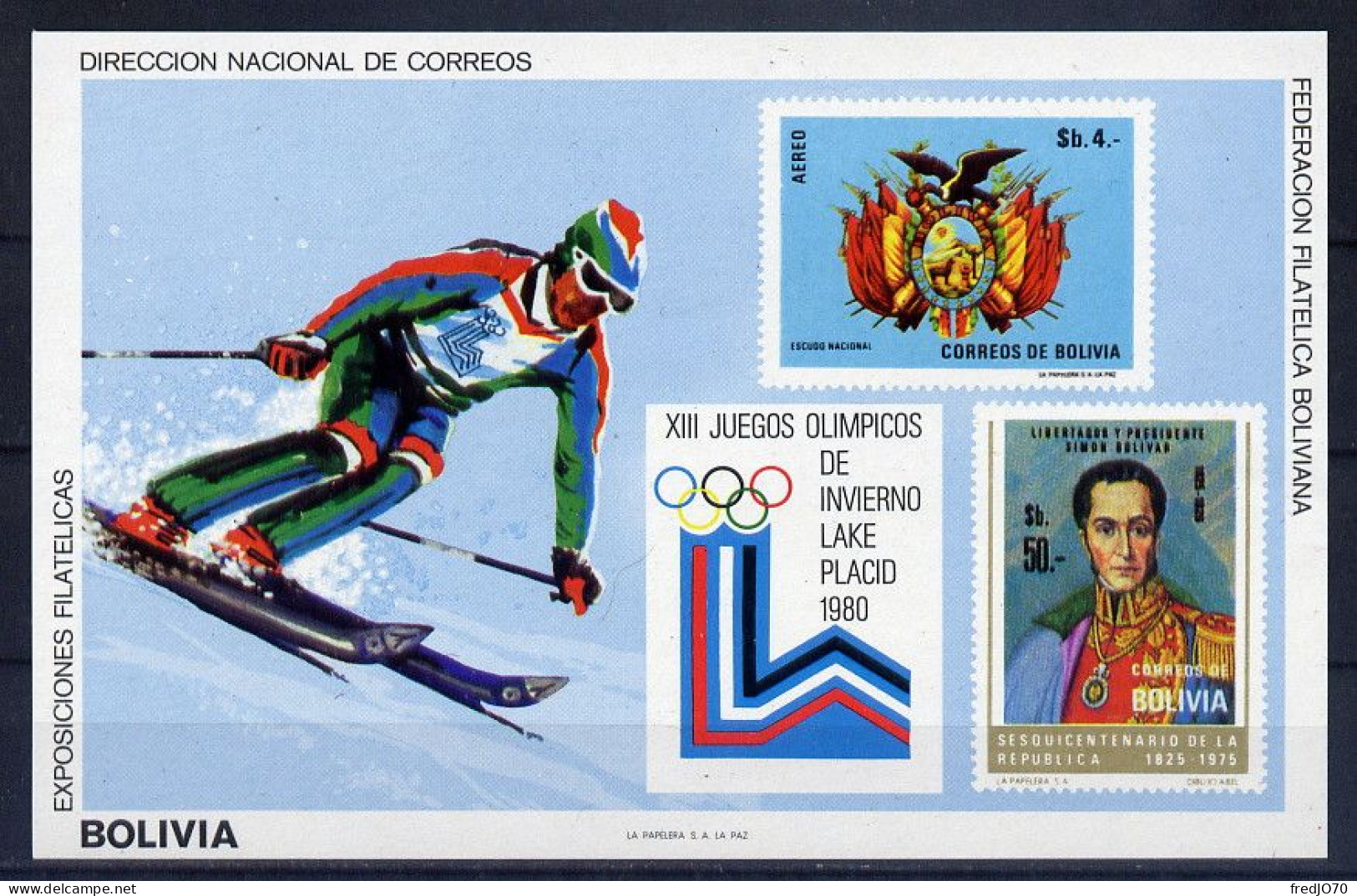 Bolivie Bloc Non Dentelé Imperf JO 80 ** - Winter 1980: Lake Placid