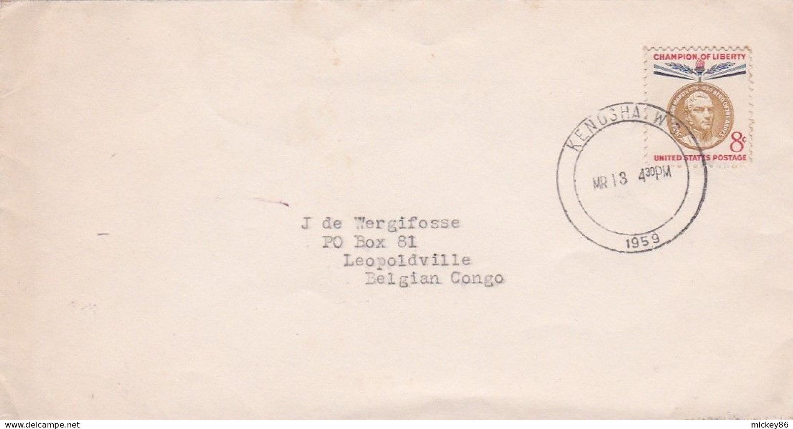 Etats-Unis -1959 -- Lettre De KENOSHA (Wisc)  Pour LEOPLOLDVILLE (Congo Belge)..timbre Seul Sur Lettre...cachet  13-3-59 - Cartas & Documentos