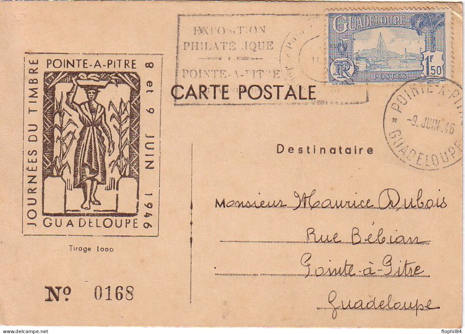 GUADELOUPE - JOURNEE DU TIMBRE 1946 - 1F50 SEUL SUR CARTE POSTALE DE LA JOURNEE DE POINTE A PITRE POUR PONTE A PITRE - Brieven En Documenten