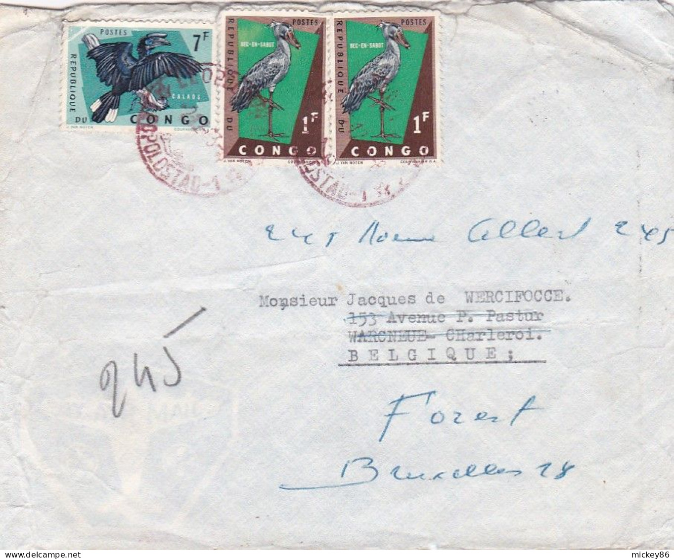 CONGO --lettre De LEOPOLDVILLE Pour CHARLEROI Réexpédiée Sur BRUXELLES (Belgique)  Timbre..cachet CHARLEROI Au Verso - Brieven En Documenten