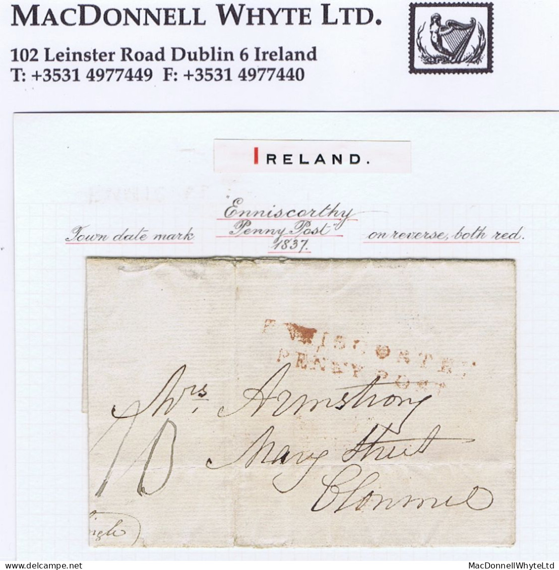 Ireland Wexford Waterford 1834 Cover To Clonmel "single" With ENNISCORTHY/PENNY POST In Brown-red - Préphilatélie