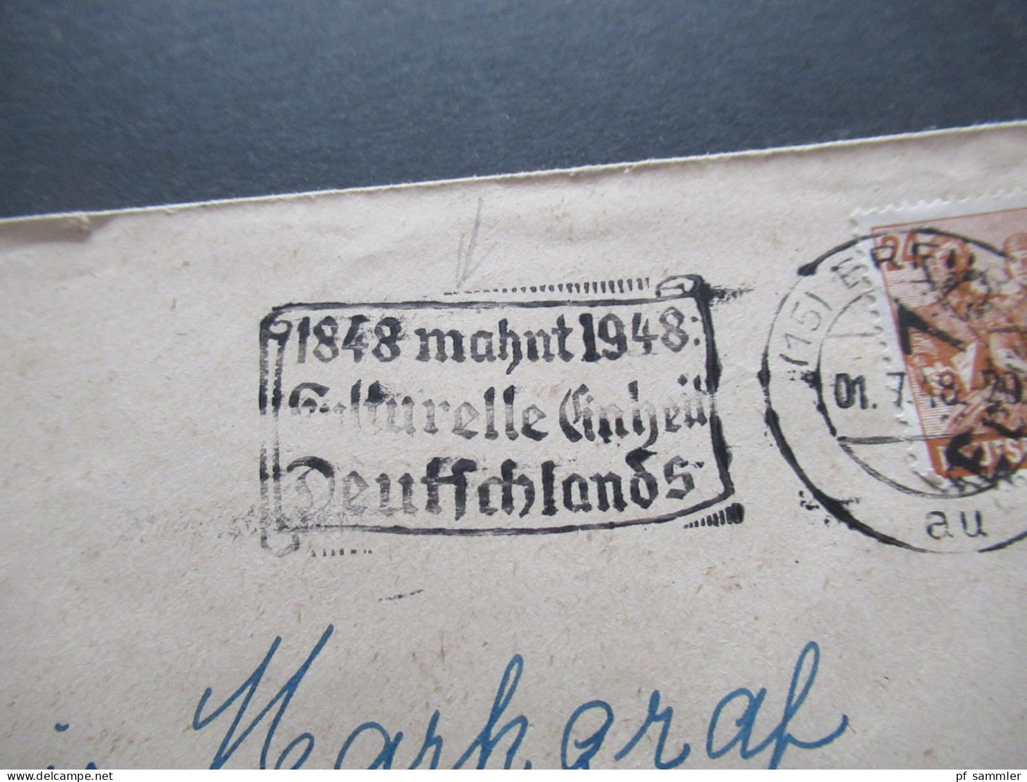 SBZ Bezirkshandstempel Aufdruck 16 Erfurt Mi.Nr.174 Mit MS Erfurt 1848 Mahnt 1948 Kulturelle Einheit Deutschlands - Lettres & Documents