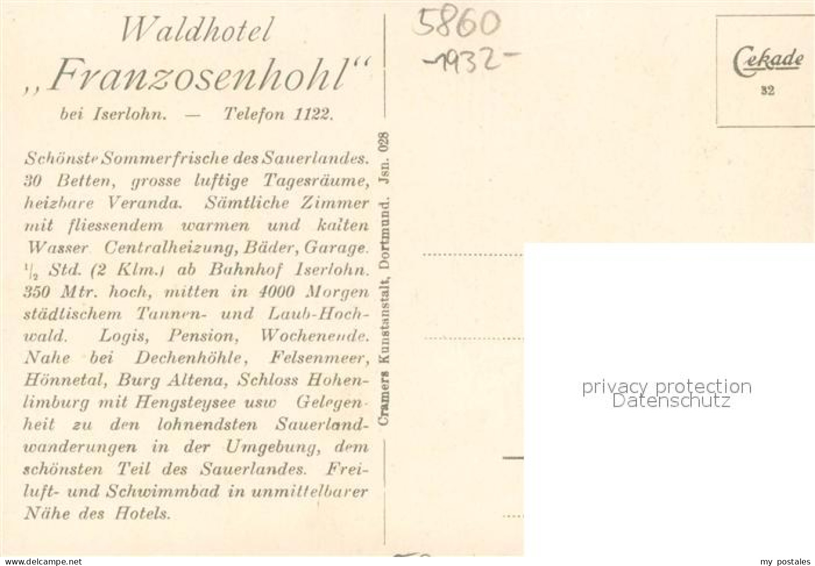 73700198 Iserlohn Waldhotel Franzosenhohl Reklamepostkarte Iserlohn - Iserlohn