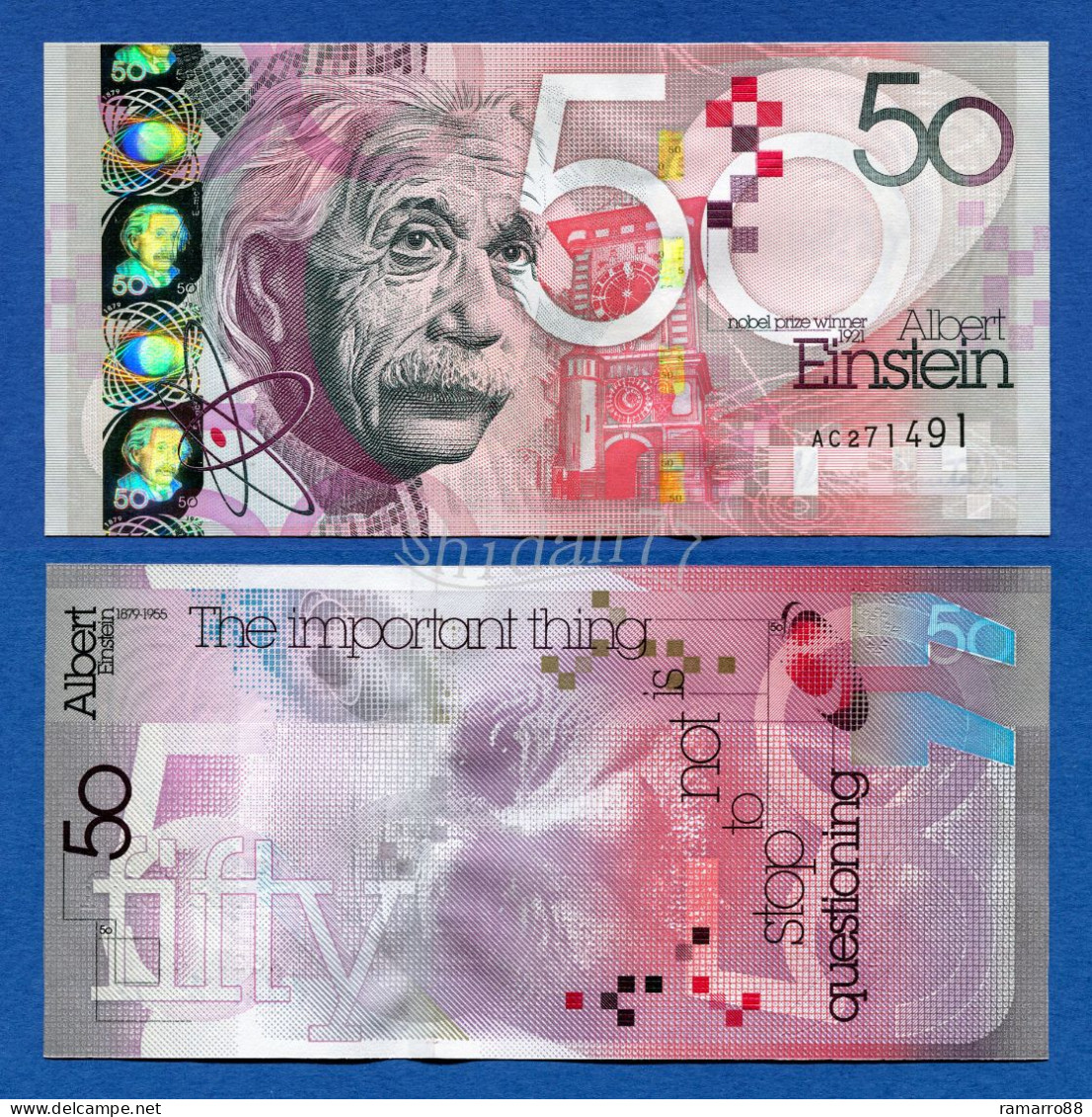 De La Rue - Albert Einstein - 50 Units Depth Thread - 2010 Specimen Test Note Unc - Ficción & Especímenes