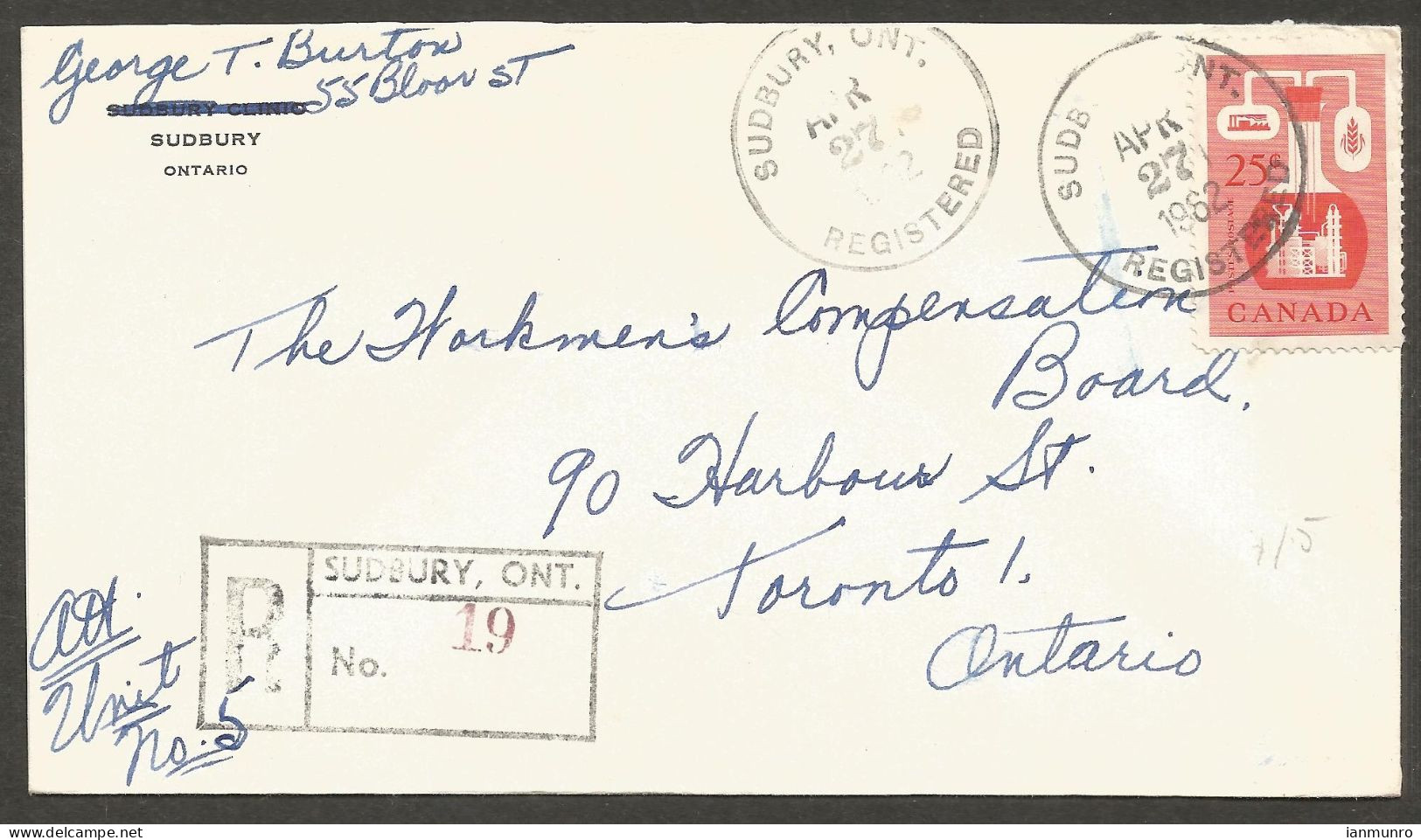 1962 Registered Cover 25c Chemical Large CDS Sudbury To Toronto Ontario - Postal History