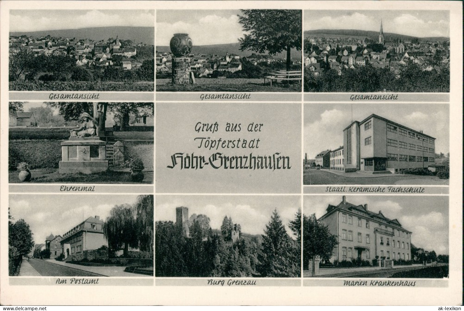 Ansichtskarte Höhr-Grenzhausen MB: Stadt, Fachschule, Ehrenmal Etc. 1954 - Hoehr-Grenzhausen