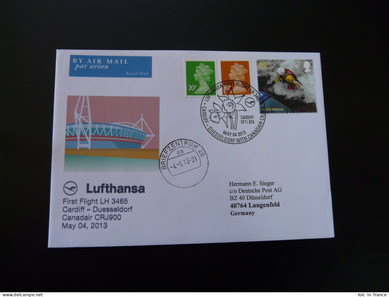 Lettre Premier Vol First Flight Cover Cardiff Dusseldorf Canadair CRJ900 Lufthansa 2013 - Covers & Documents