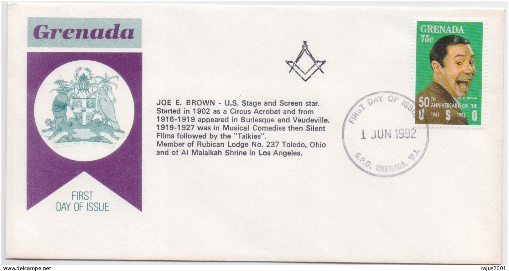 JOE E. BROWN Screen Star, Musical Comedian, Rubican Lodge No. 237, Movie, Film, Freemasonry Masonic Cover FDC - Freimaurerei