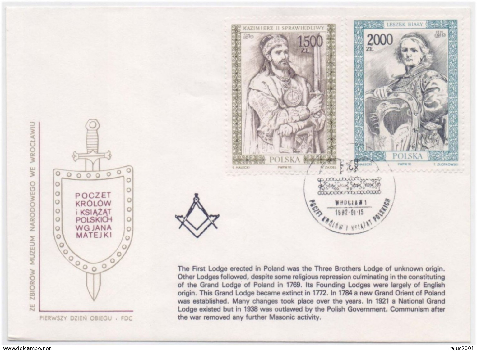 First Grand Lodge Erected In Poland, Three Brothers Lodge Of Unknown, Freemasonry Masonic, Limited Only 90 Cover Issued - Freimaurerei