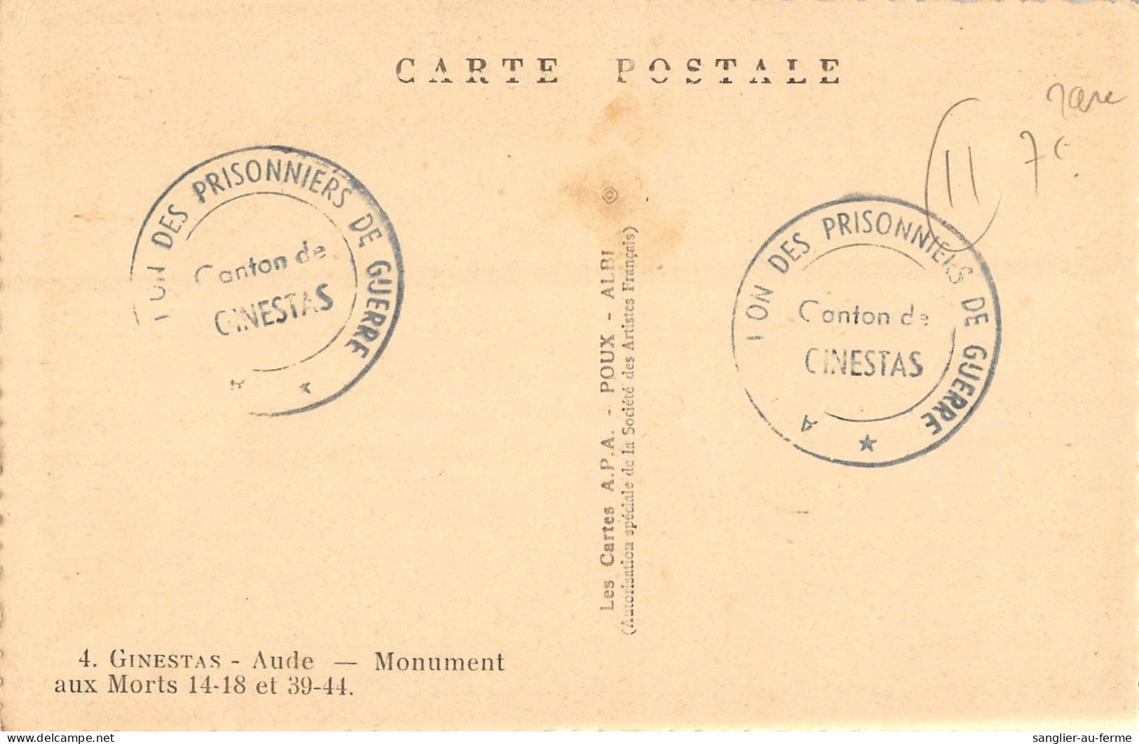 CPA 11 GINESTAS / MONUMENT AUX MORTS / VERSO PRISONNIERS DE GUERRE - Andere & Zonder Classificatie