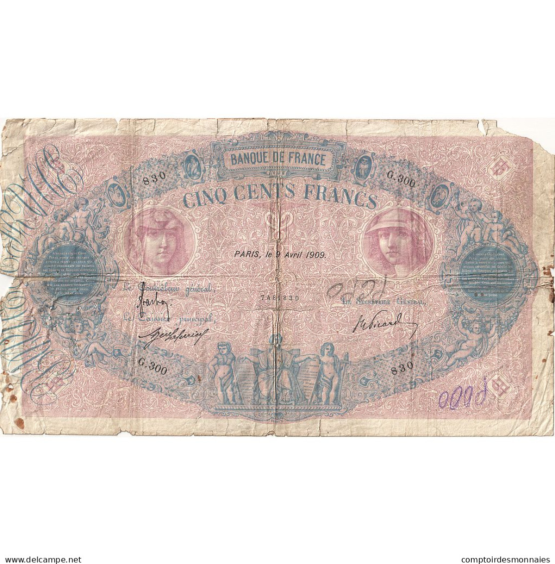 France, 500 Francs, Bleu Et Rose, 1909, G.300, Rare, AB, Fayette:30.17, KM:66g - 500 F 1888-1940 ''Bleu Et Rose''