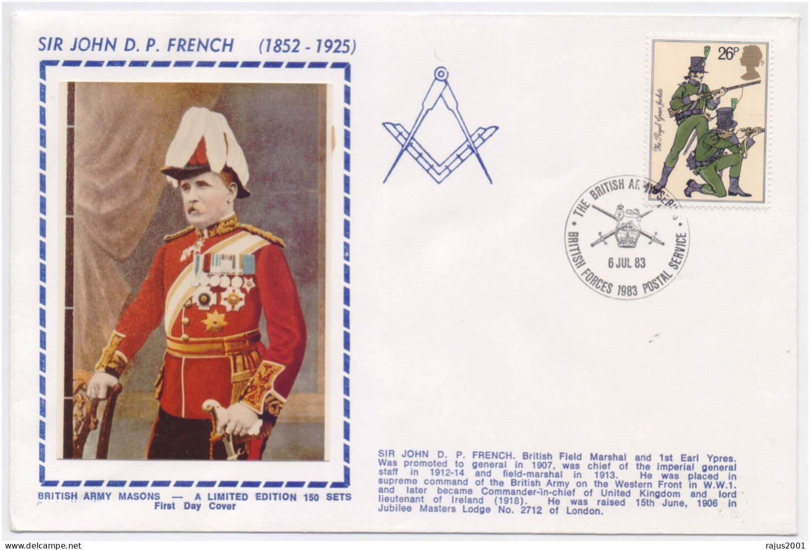 Sir John D.P. French Field Marshal, Masters Lodge No. 2712, British Army Mason, Masonic Freemasonry Limited Edition FDC - Freimaurerei