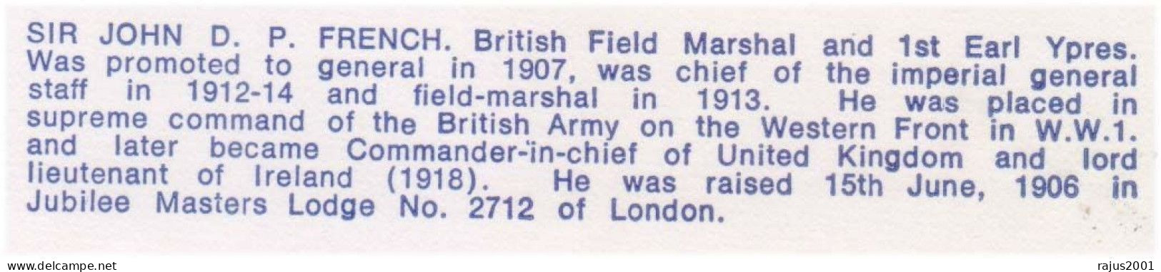 Sir John D.P. French Field Marshal, Masters Lodge No. 2712, British Army Mason, Masonic Freemasonry Limited Edition FDC - Freimaurerei