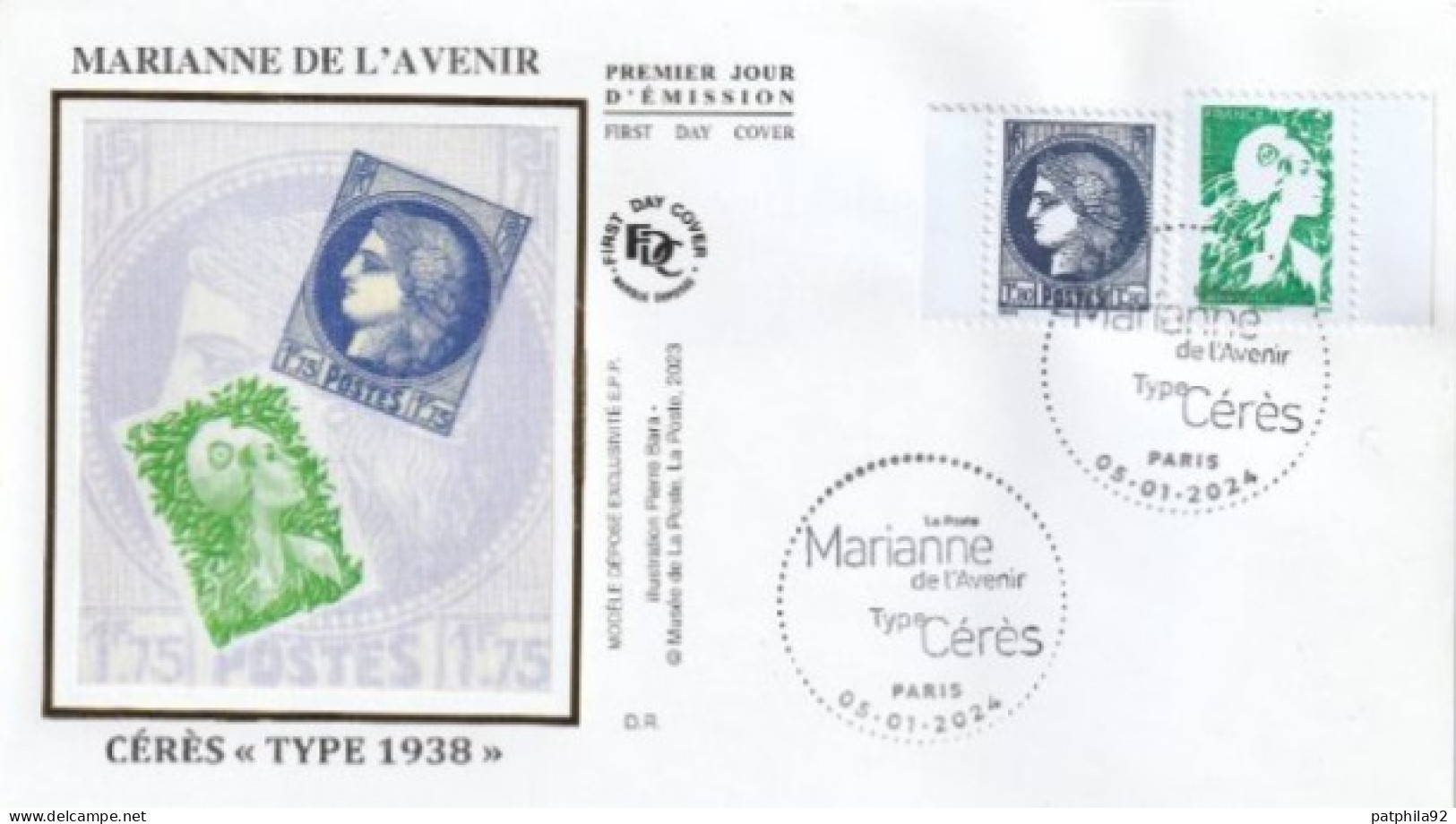 Fdc 2024_Envel. 1er Jour_fdc_soie_Marianne De L'Avenir / Cérès "Type 1938". Oblit. PJ Paris 5/01/24. - 2020-…