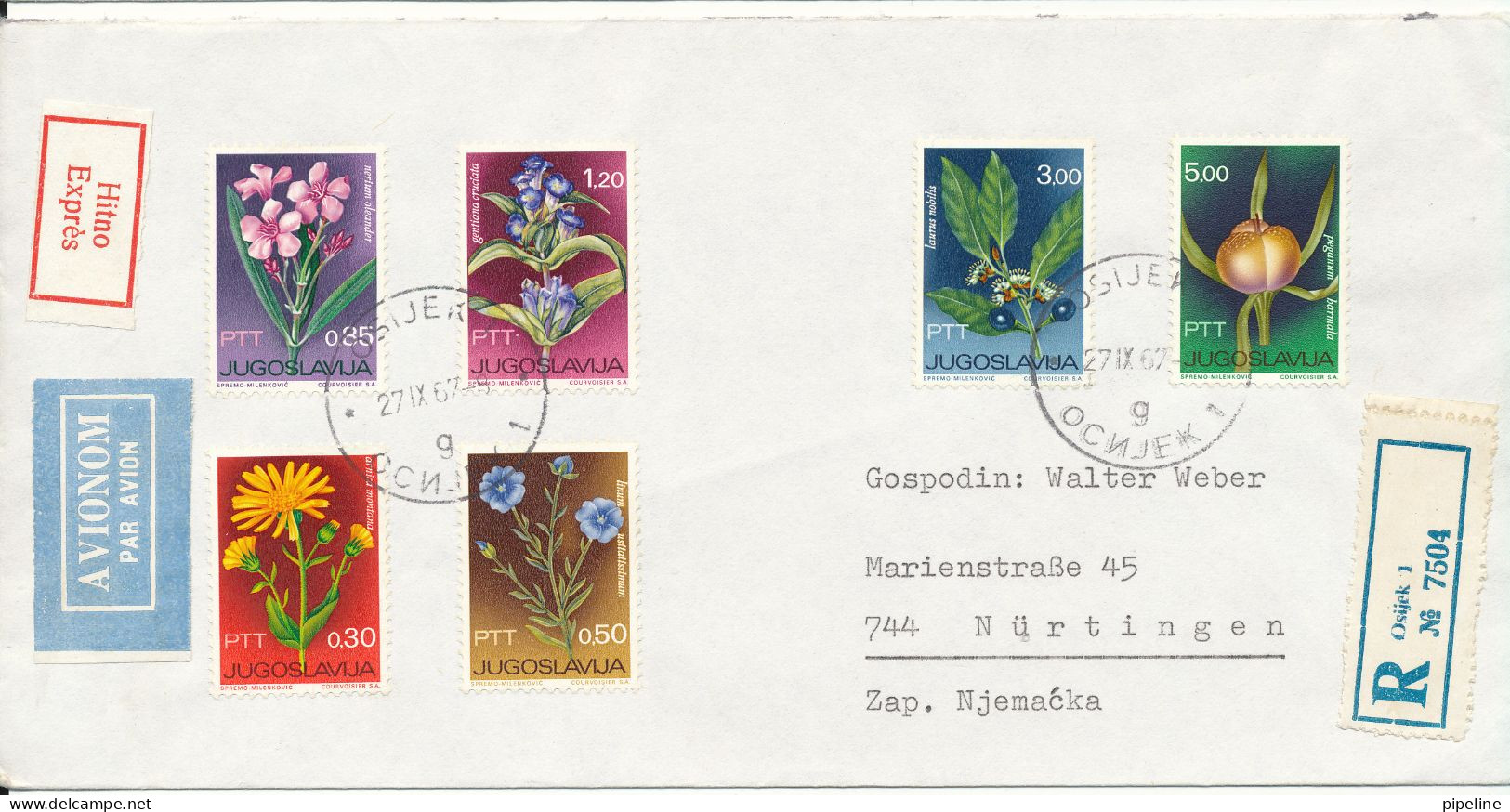 Yugoslavia Registered Express Cover Sent To Germany Osijek 27-9-1967 With Complete Set Of 6 Flowers - Briefe U. Dokumente