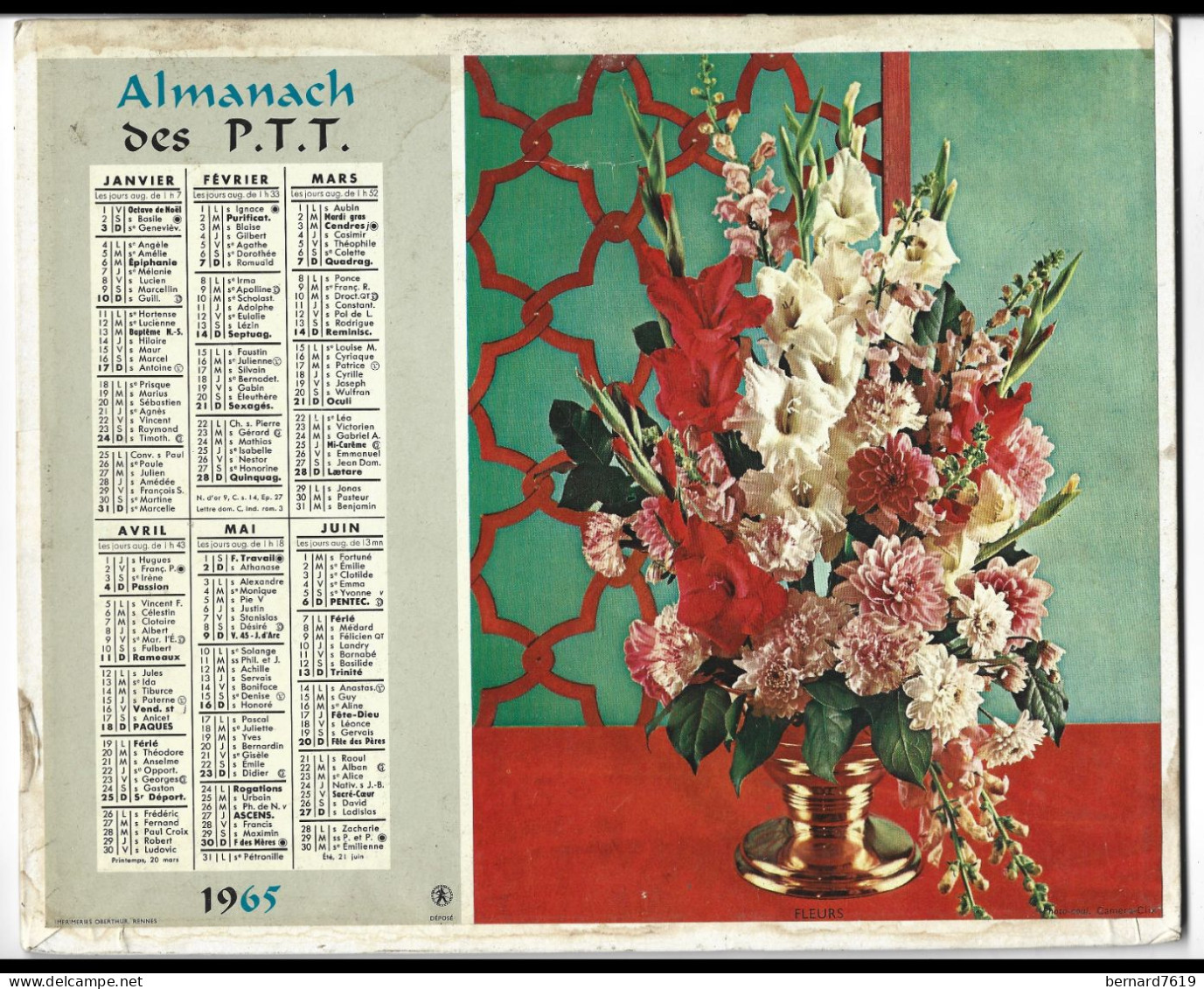 Almanach  Calendrier  P.T.T  -  La Poste -  1965 -   Fleurs - Corbeille De Fruits - Groot Formaat: 1961-70