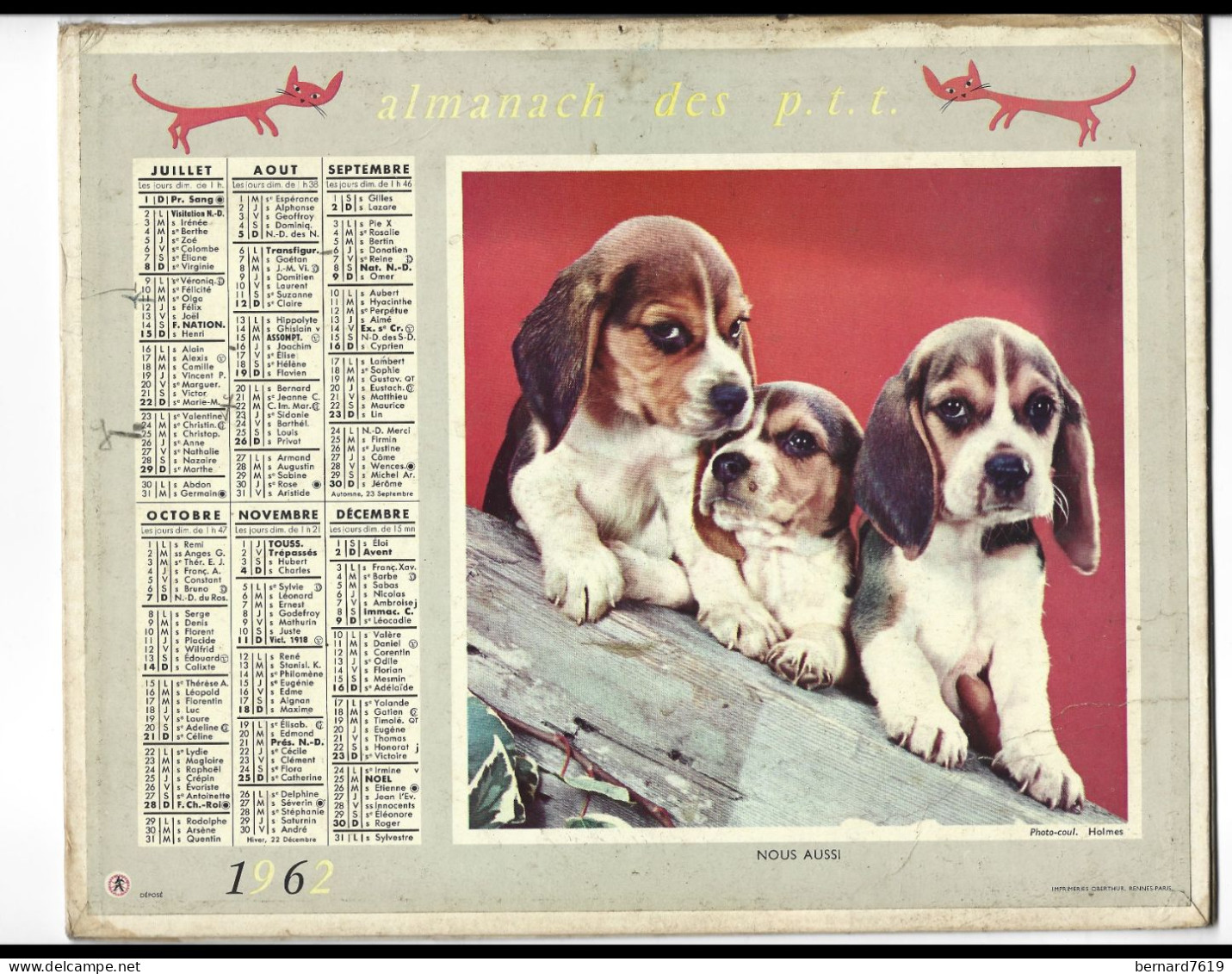 Almanach  Calendrier  P.T.T  -  La Poste -  1962 -  Chats - Chiens - Nous Sommes La - Groot Formaat: 1961-70