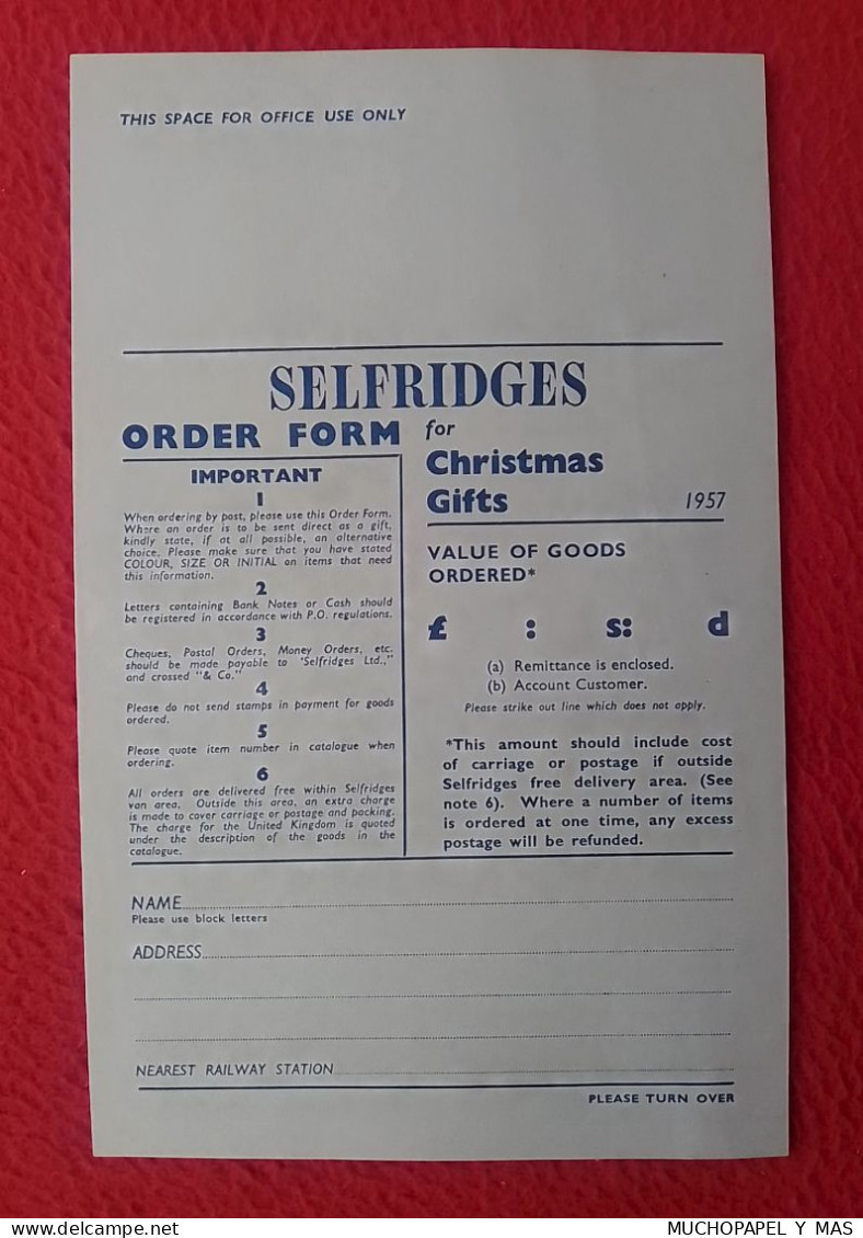 ANTIGUO FORMULARIO ORDEN HOJA DE PEDIDO ORDER FORM SELFRIDGES LONDON LONDRES FOR CHRISTMAS GIFTS 1957..UK ENGLAND STORE. - Verenigd-Koninkrijk