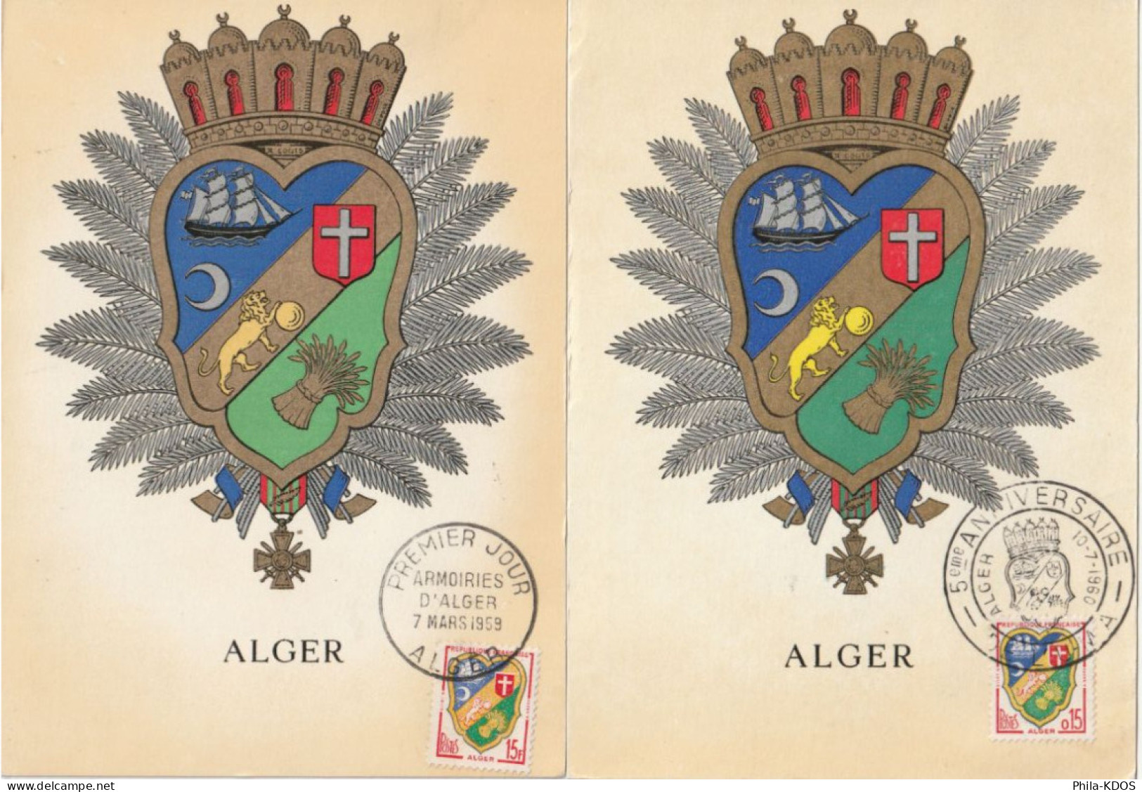 " BLASON D'ALGER " Sur 2 Cartes (1 Maximum Et 1 Commémorative) De 1961. N° YT 1232 Parfait état CM à Saisir !!! - Autres & Non Classés