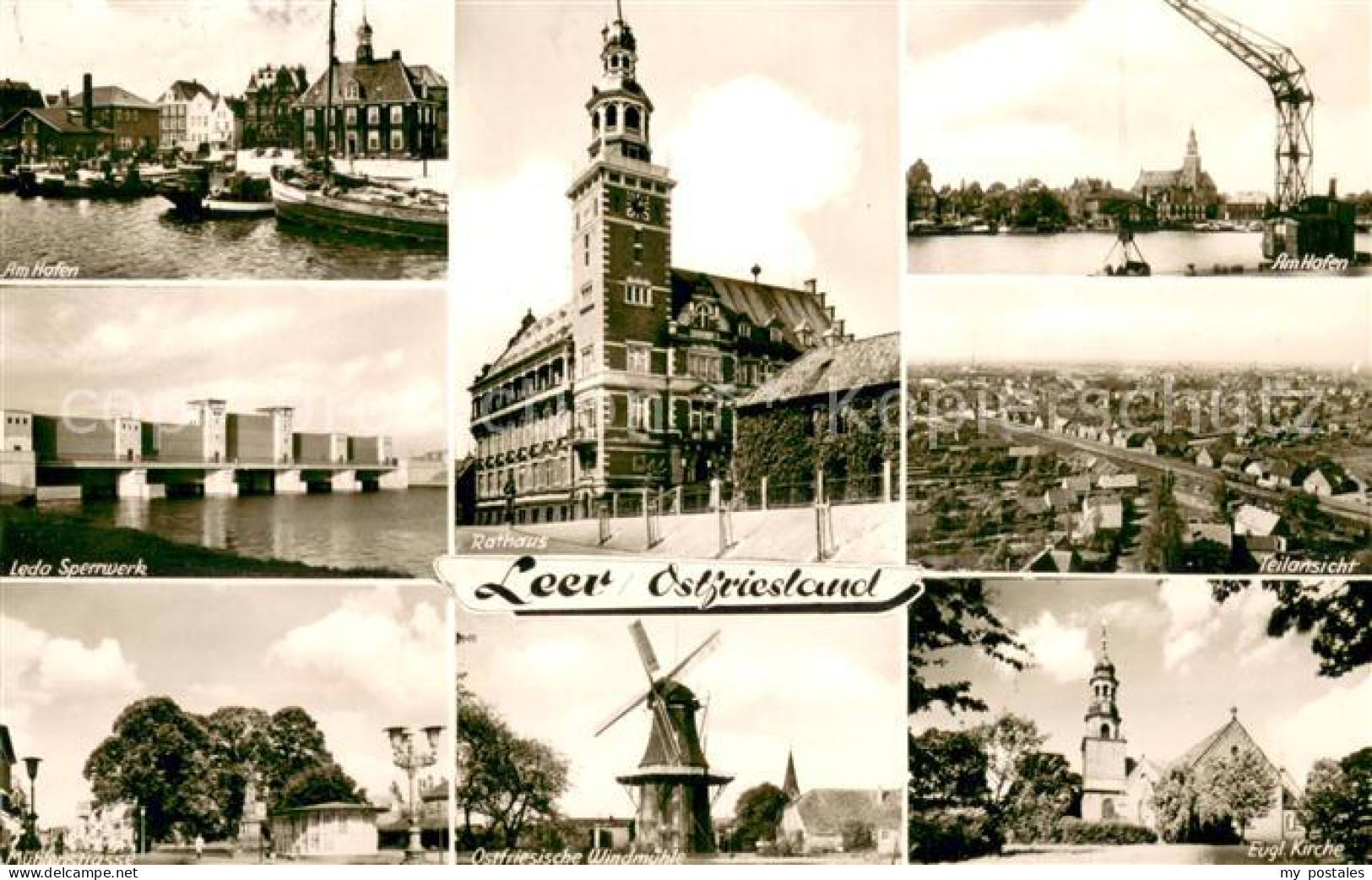 73694669 Leer Ostfriesland Hafen Leda Sperrwerk Rathaus Kirche Windmuehle Leer O - Leer