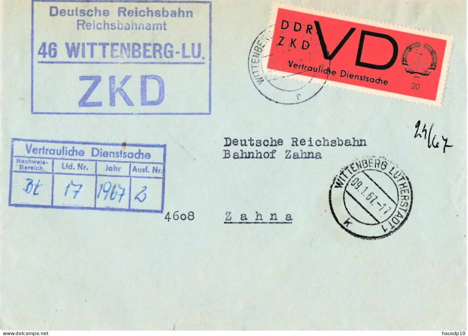 DDR Brief ZKD VD Deutsche Reichsbahn Reichsbahnamt Wittenberg 1967 - Zentraler Kurierdienst