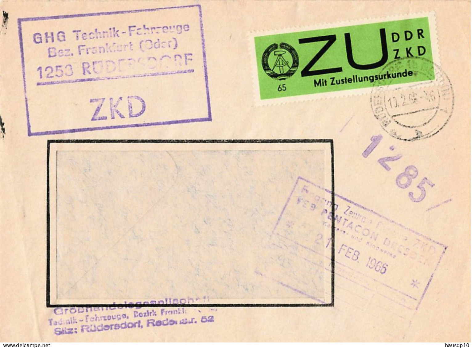 DDR Brief ZKD ZU GHG Technik FAhrzeuge Rüdersdorf 1966 - Zentraler Kurierdienst