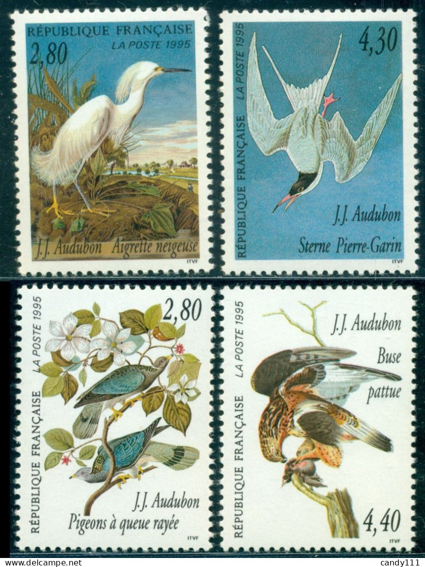 1995 Bird Drawings,Audubon,egret.pigeon,tern,buzzard,France,3072 ,MNH - Grues Et Gruiformes