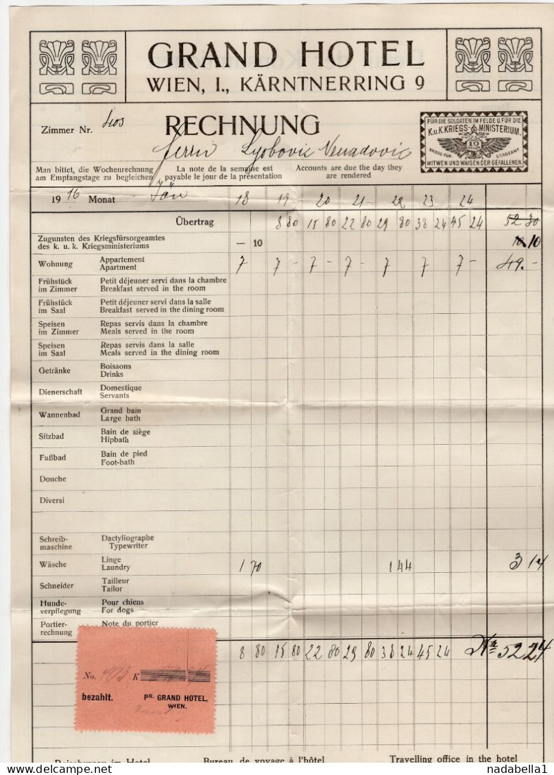 1916. WWI VIENNA,GRAND HOTEL,INVOICE ON COMPANY'S LETTERHEAD - Autriche