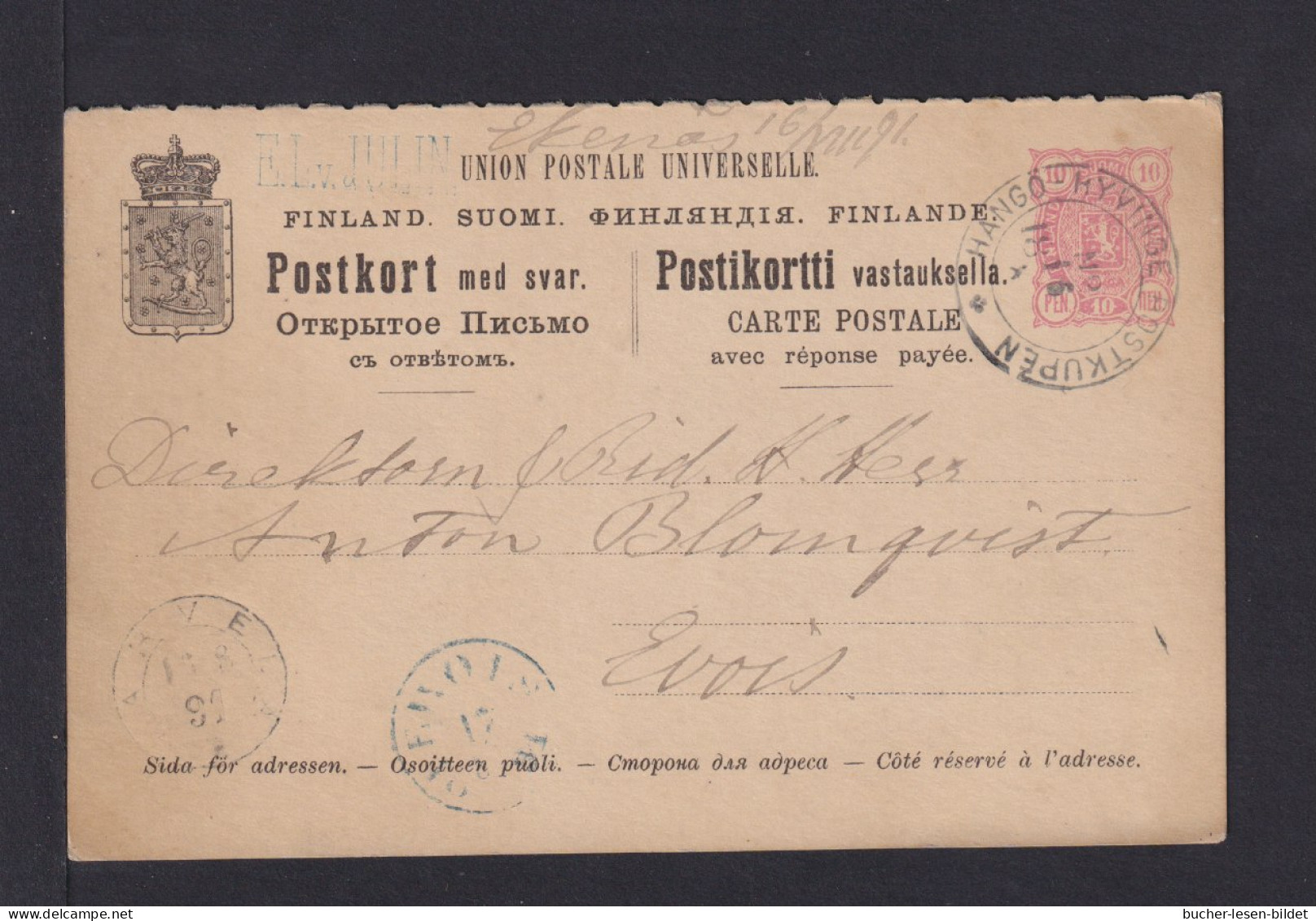 1891 - 10 P. Frage-Ganzsache (P 24F) Mit Bahnpoststempel Hangö-Hyvinge Nach Erois - Briefe U. Dokumente