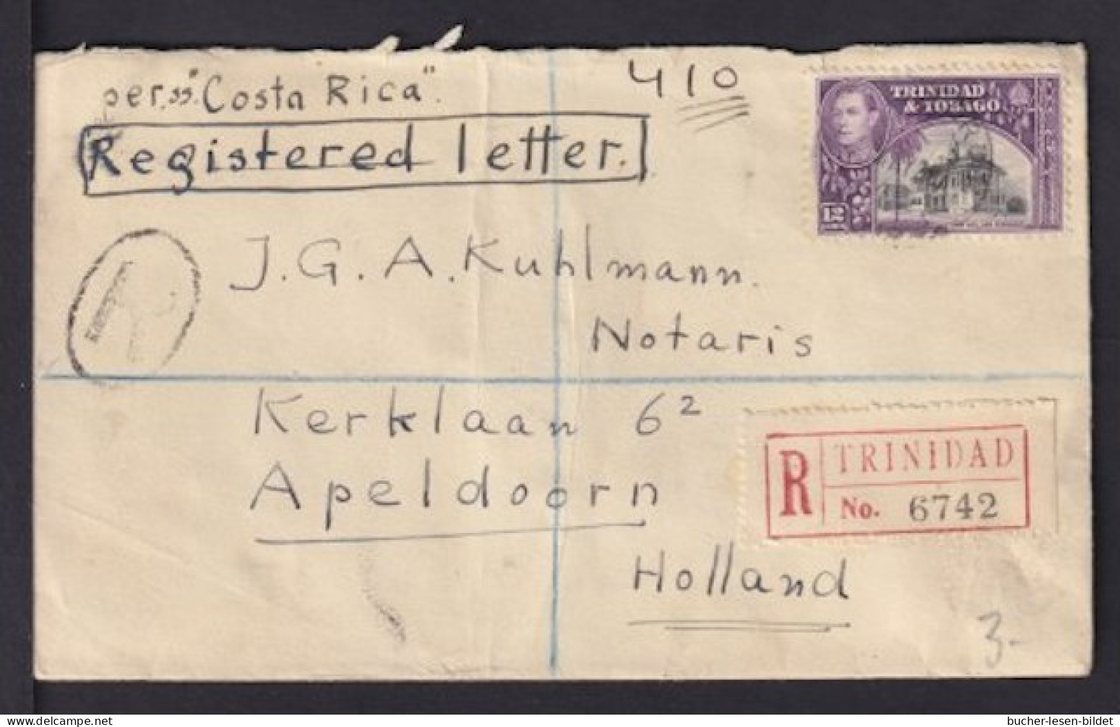 1939 - 12 C. Auf Einschreibbrief Ab Trinidad Nach Holland - Trinidad & Tobago (...-1961)