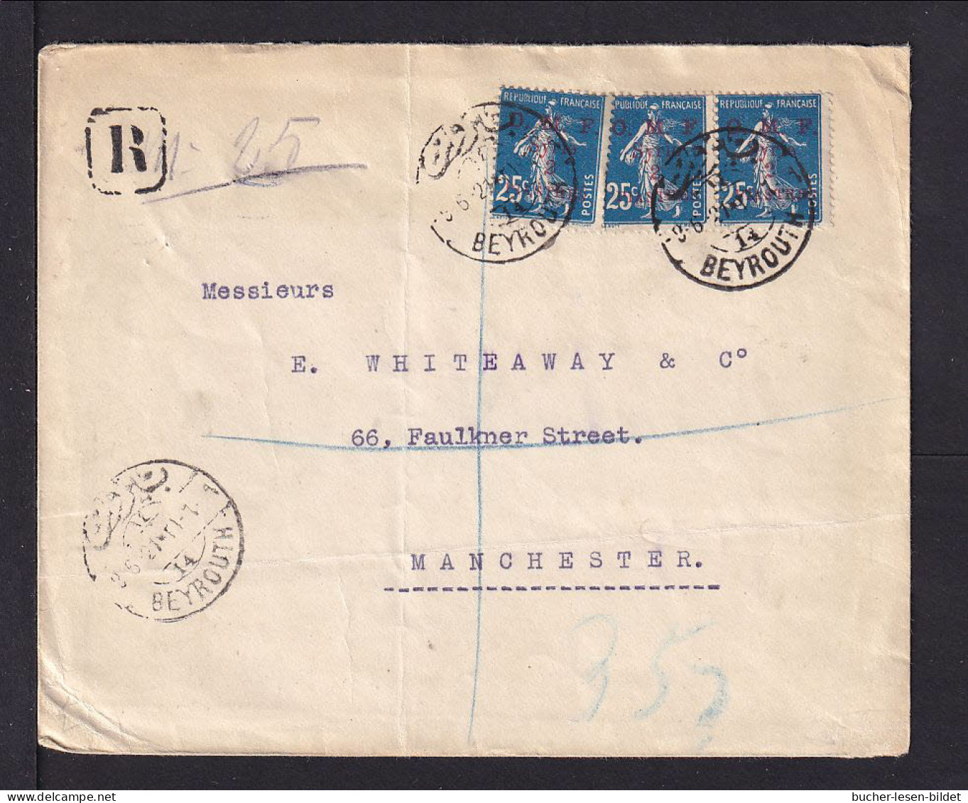 1921 - 2 Pia. Überdruck Auf Einschreibbrief Ab Beyrouth Nach Manchester - Covers & Documents