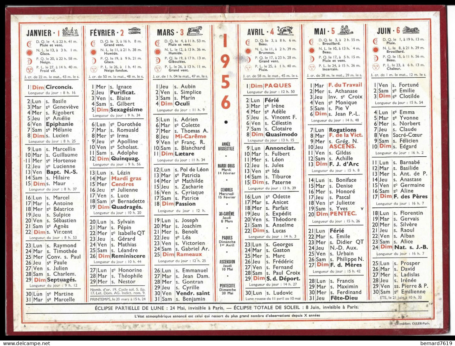 Almanach  Calendrier  P.T.T  -  La Poste -  1956 - - Grossformat : 1941-60