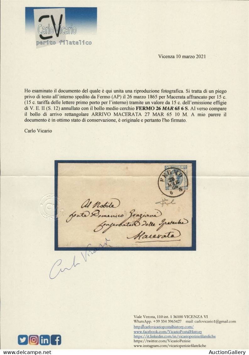 Regno - Vittorio Emanuele II - Involucro Di Lettera Affrancato Con 15 Cent (12) Da Fermo A Macerata Del 26.3.65 - Cert V - Other & Unclassified